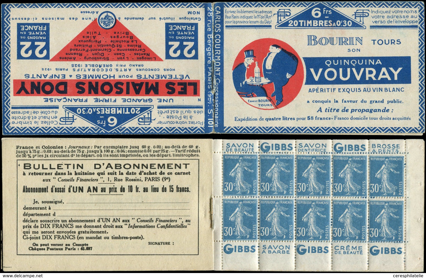 CARNETS (N°Cérès Jusqu'en1964) - 53   Semeuse Camée, 30c. Bleu, N°192A, T IIB, S. 101, VOUVRAY/DONY, TTB - Sonstige & Ohne Zuordnung