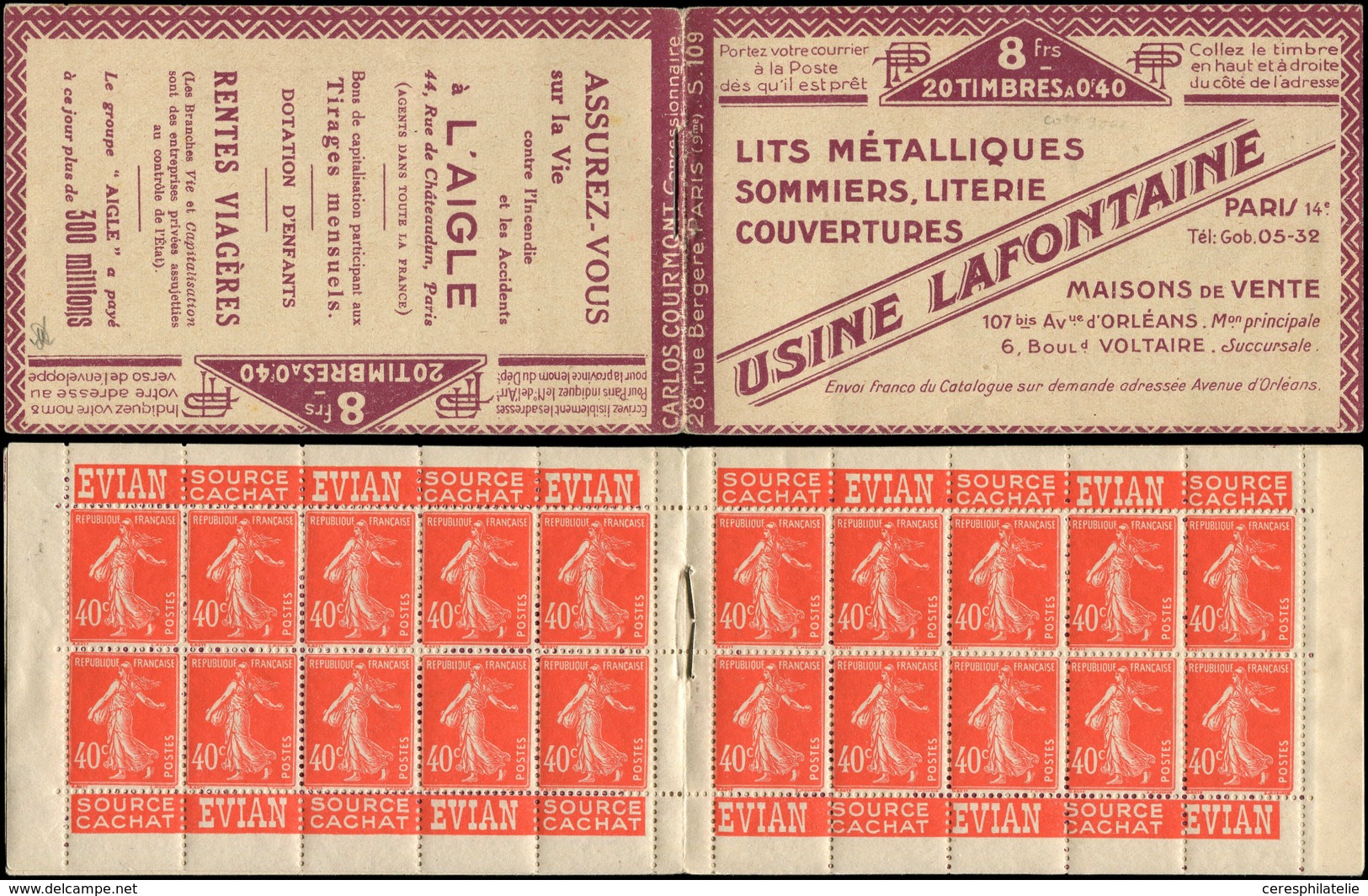 CARNETS (N°Cérès Jusqu'en1964) - 62   Semeuse Camée, 40c. Vermillon, N°194A, T I, S. 109, USINE LAFONTAINE, Adh. Sur Un - Autres & Non Classés