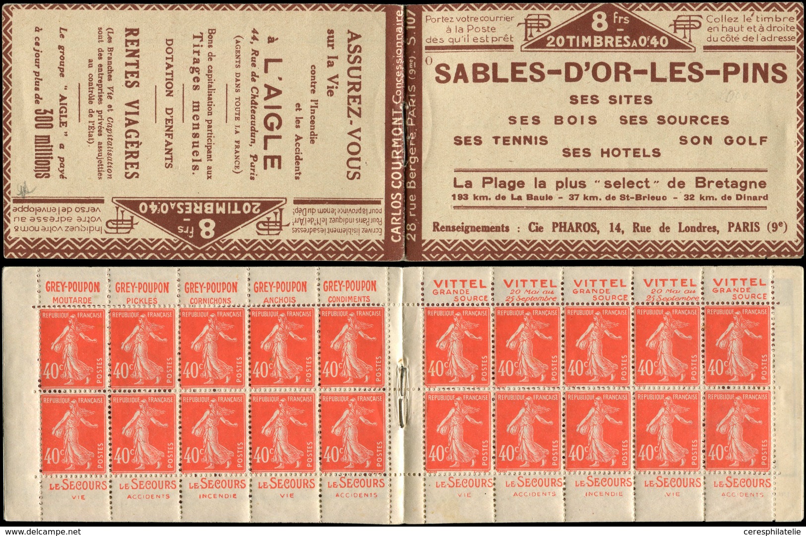 CARNETS (N°Cérès Jusqu'en1964) - 64   Semeuse Camée, 40c. Vermillon, N°194A, T I, S. 107-O, SABLES-D'OR-LES-PINS, 4 Ex. - Autres & Non Classés