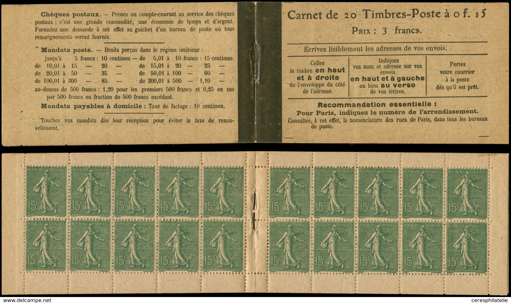 CARNETS (N°Cérès Jusqu'en1964) - 70   Semeuse Lignée, 15c. Vert-olive, N°130D, T V, Papier GC, Fraîcheur Postale, TB - Sonstige & Ohne Zuordnung