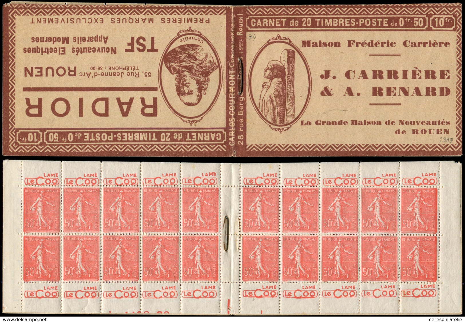 CARNETS (N°Cérès Jusqu'en1964) - 74   Semeuse Lignée, 50c. Rouge, N°199A, T I, Couv. RENARD/RADIOR, Bas De Feuille, Rous - Autres & Non Classés