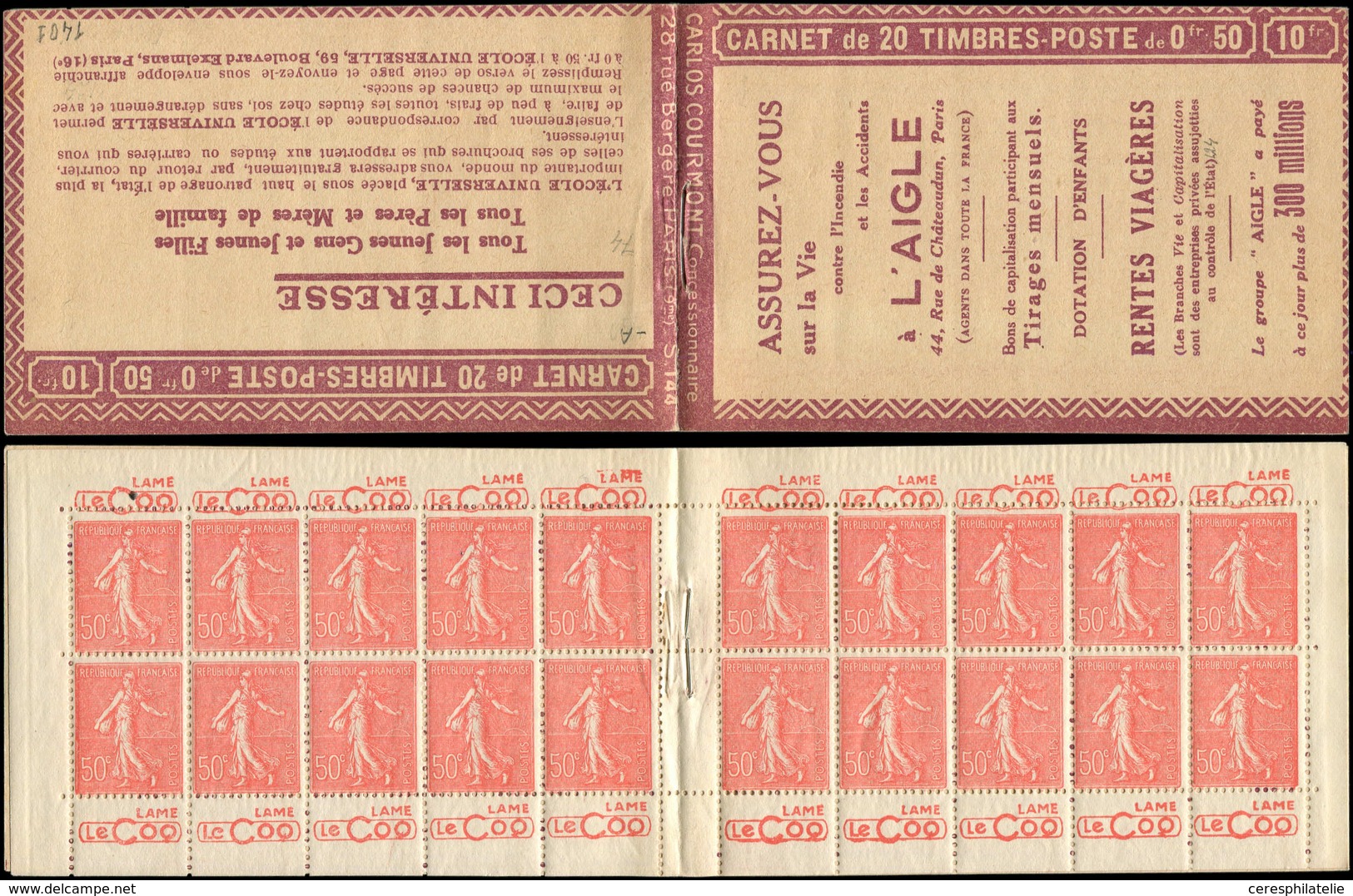 CARNETS (N°Cérès Jusqu'en1964) - 74   Semeuse Lignée, 50c. Rouge, N°199A, T I, S. 144-A, Couv. L'AIGLE, Haut De Feuille, - Altri & Non Classificati