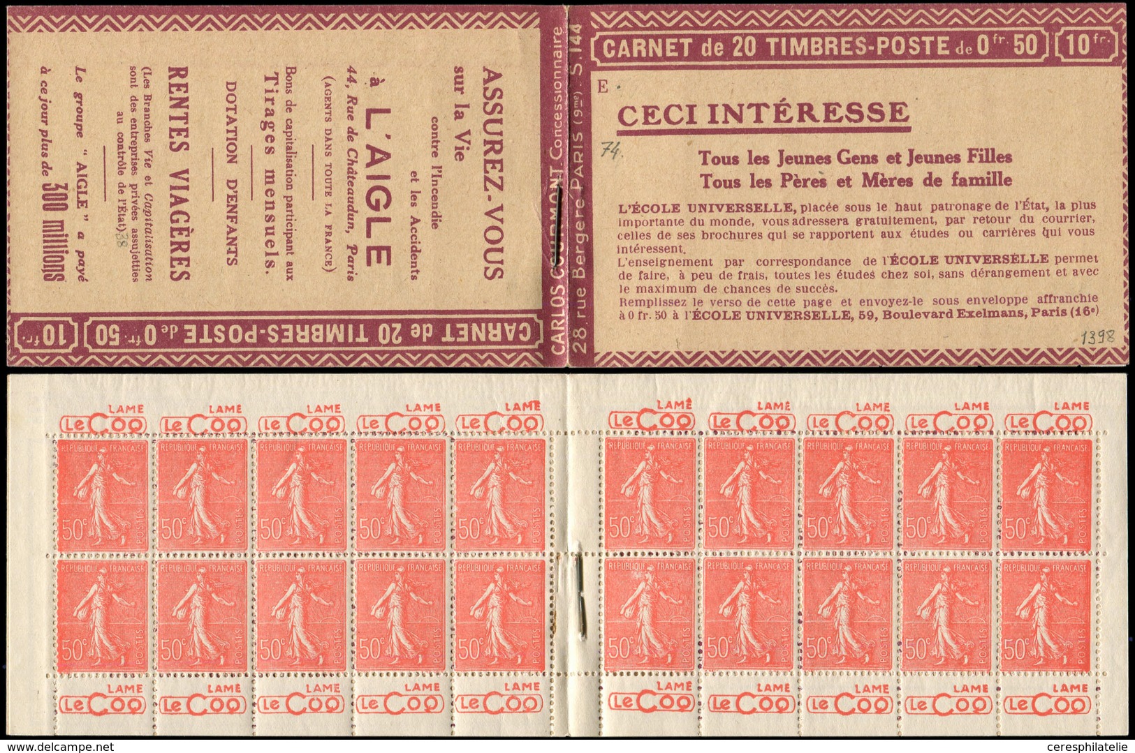 CARNETS (N°Cérès Jusqu'en1964) - 74   Semeuse Lignée, 50c. Rouge, N°199A, T I, S. 144-E, Couv. L'AIGLE, Haut De Feuille, - Autres & Non Classés