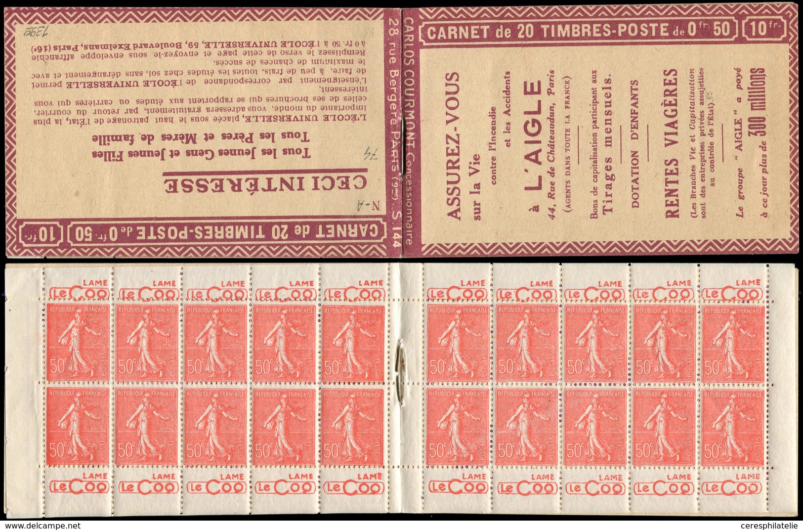 CARNETS (N°Cérès Jusqu'en1964) - 74   Semeuse Lignée, 50c. Rouge, N°199A, T I, S. 144-N-A, Couv. L'AIGLE, 1 Ex. Légère F - Autres & Non Classés