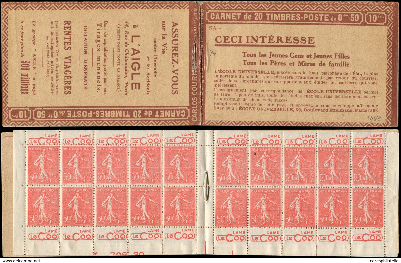 CARNETS (N°Cérès Jusqu'en1964) - 74   Semeuse Lignée, 50c. Rouge, N°199A, T I, S. 148, Couv. L'AIGLE, Bas De Feuille (Y7 - Autres & Non Classés