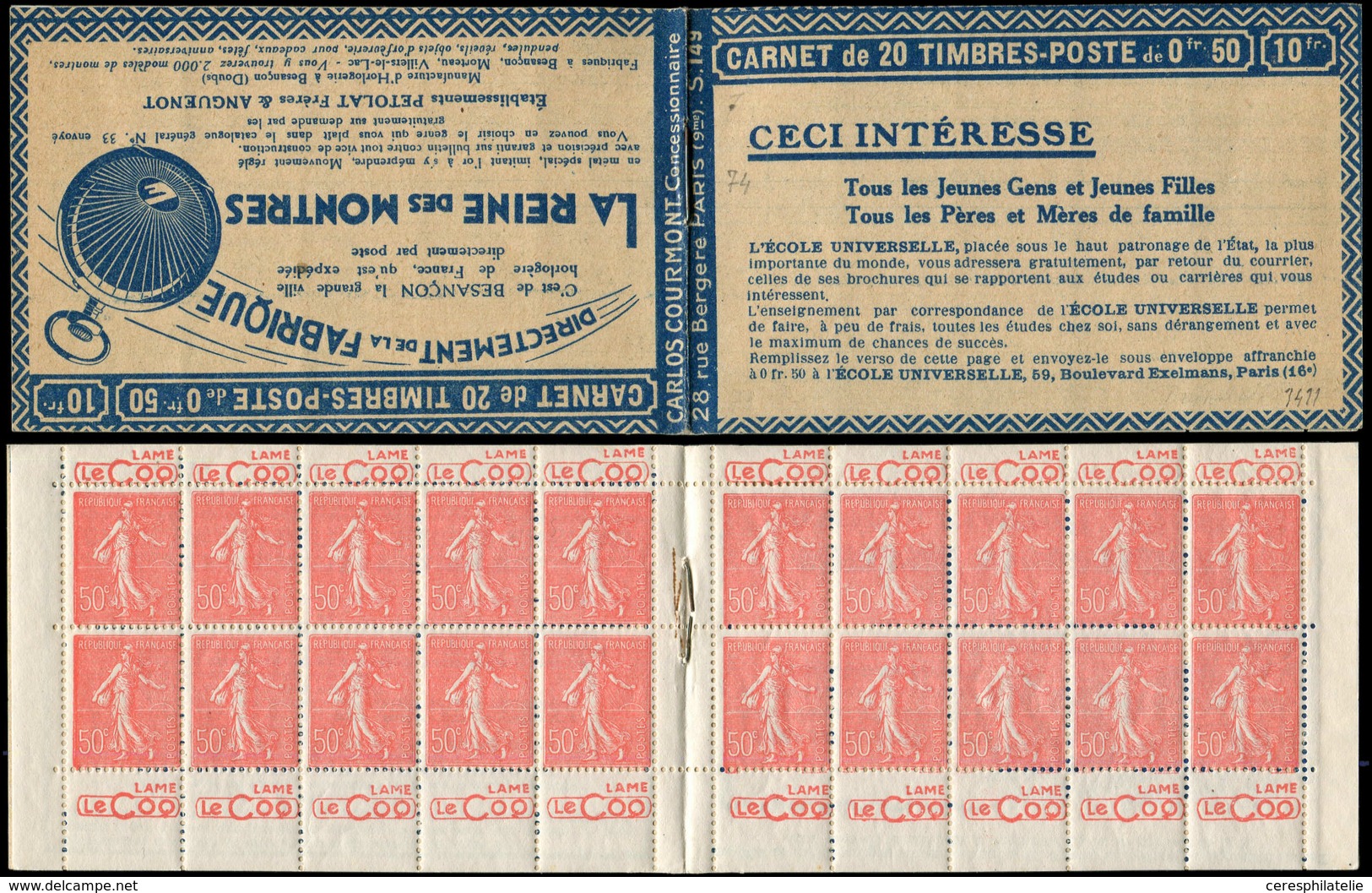 CARNETS (N°Cérès Jusqu'en1964) - 74   Semeuse Lignée, 50c. Rouge, N°199A, T I, S.149, Couv. REINE Des MONTRES, Superbe - Autres & Non Classés