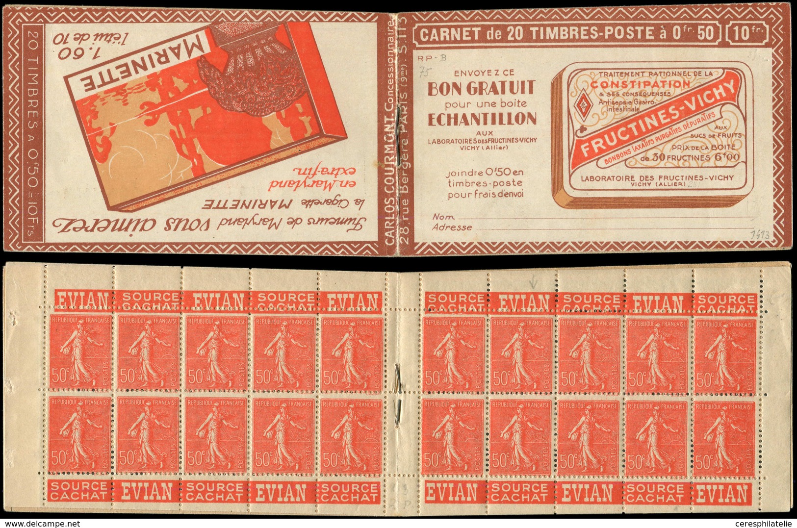 CARNETS (N°Cérès Jusqu'en1964) - 75   Semeuse Lignée, 50c. Rouge, N°199A, T I, S. 113-RP-B, Couv. FRUCTINES-VICHY/MARINE - Autres & Non Classés