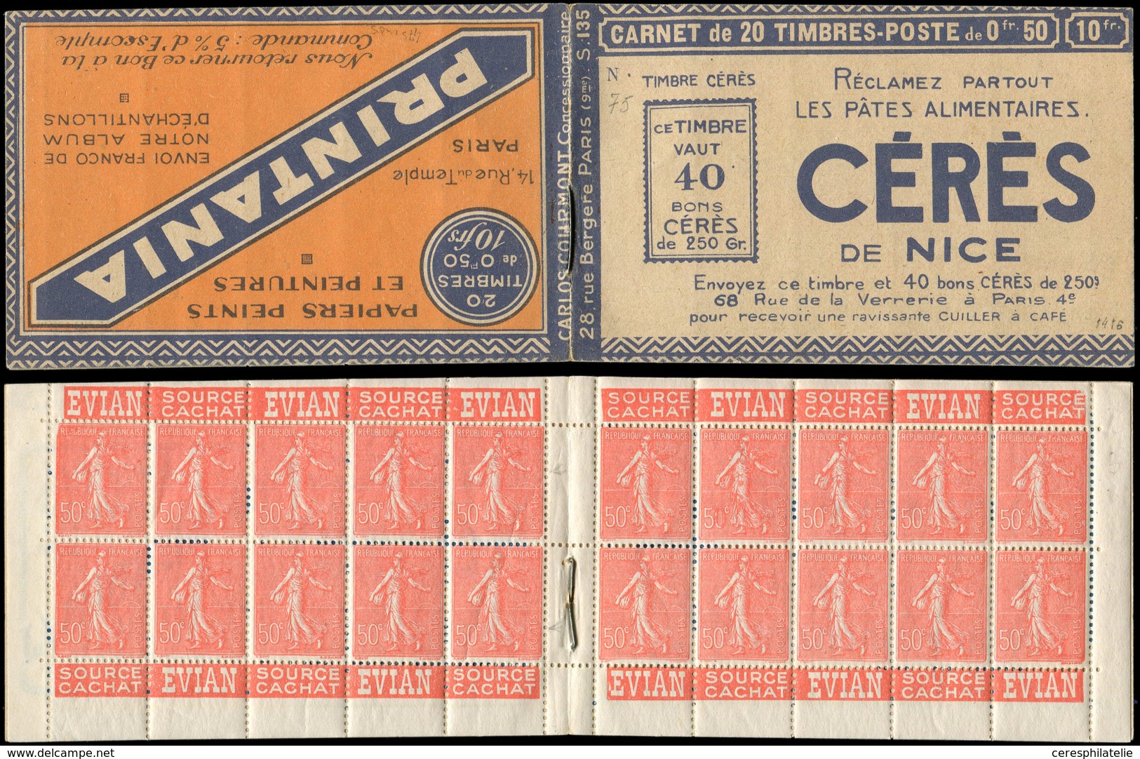 CARNETS (N°Cérès Jusqu'en1964) - 75   Semeuse Lignée, 50c. Rouge, N°199A, T I, S. 135-N, Couv. CERES/PRINTANIA, Froissur - Autres & Non Classés