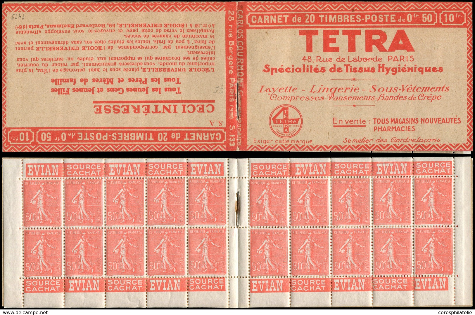 CARNETS (N°Cérès Jusqu'en1964) - 75   Semeuse Lignée, 50c. Rouge, N°199A, T I, S. 133-SA, Couv. TETRA, TTB - Autres & Non Classés