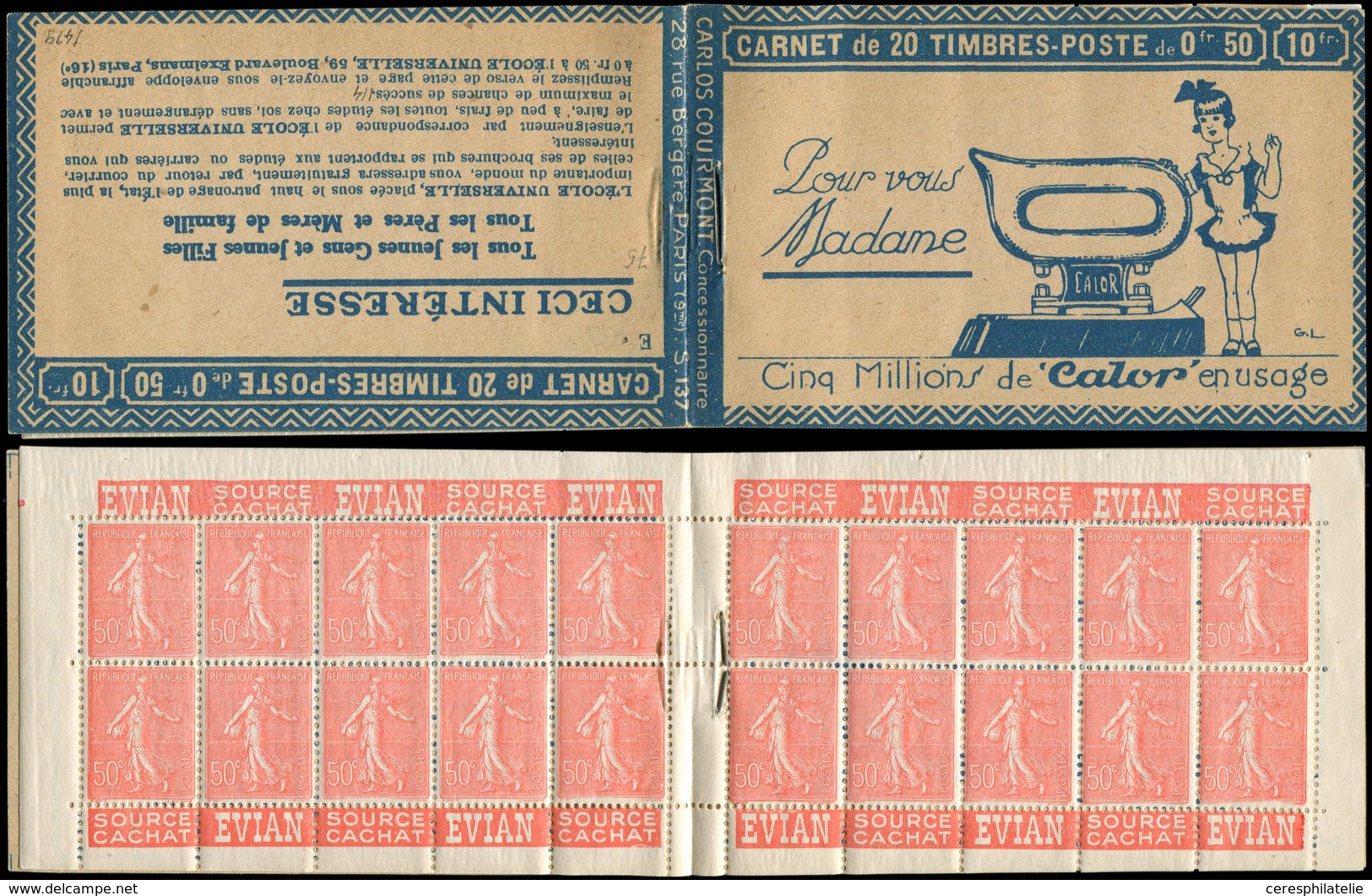 CARNETS (N°Cérès Jusqu'en1964) - 75   Semeuse Lignée, 50c. Rouge, N°199A, T I, S. 137-E, Couv. CALOR (bleu), Haut De Feu - Autres & Non Classés