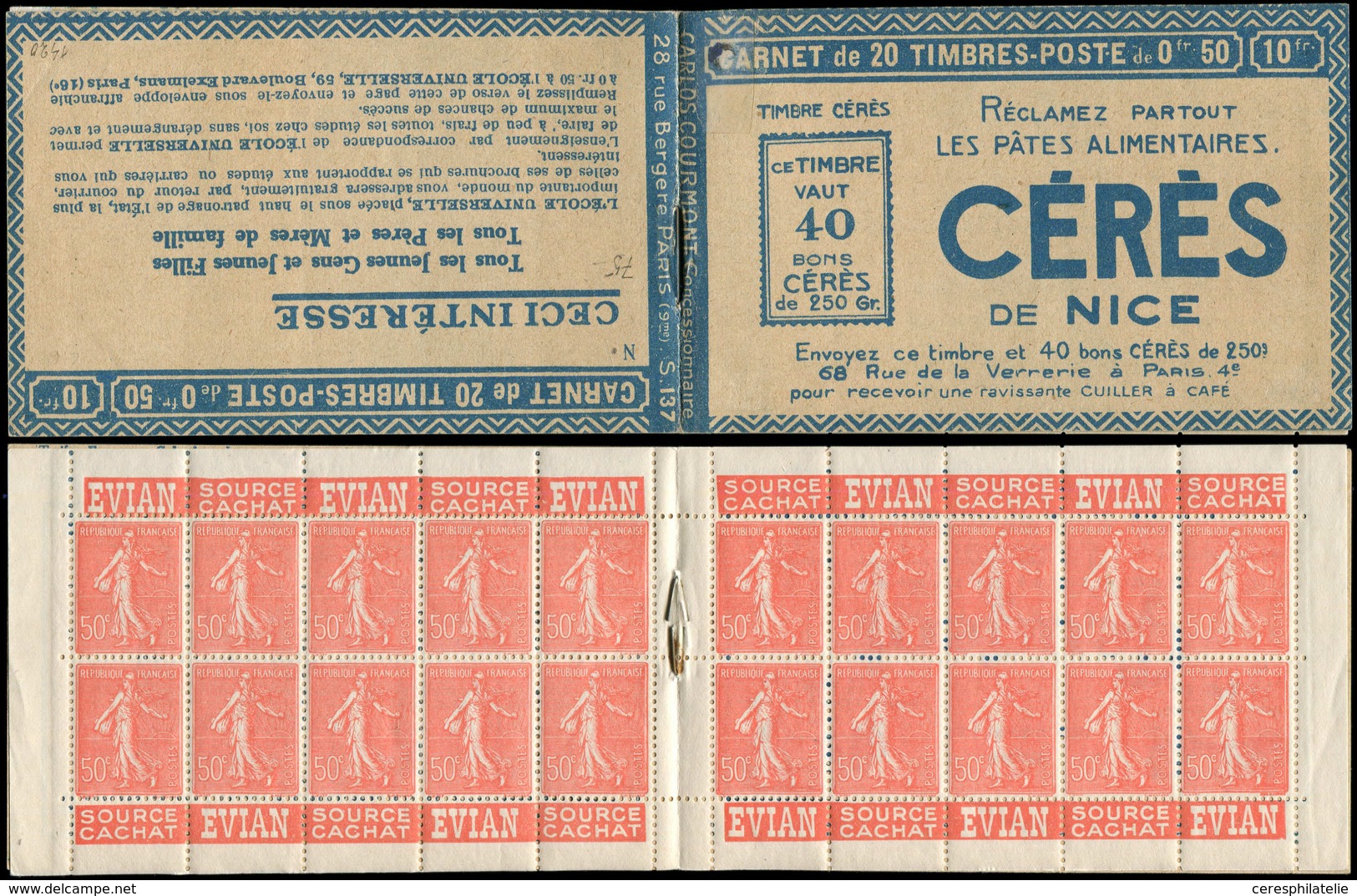 CARNETS (N°Cérès Jusqu'en1964) - 75   Semeuse Lignée, 50c. Rouge, N°199A, T I, S. 137-N, Couv. CERES, Charnière En C4 Si - Autres & Non Classés