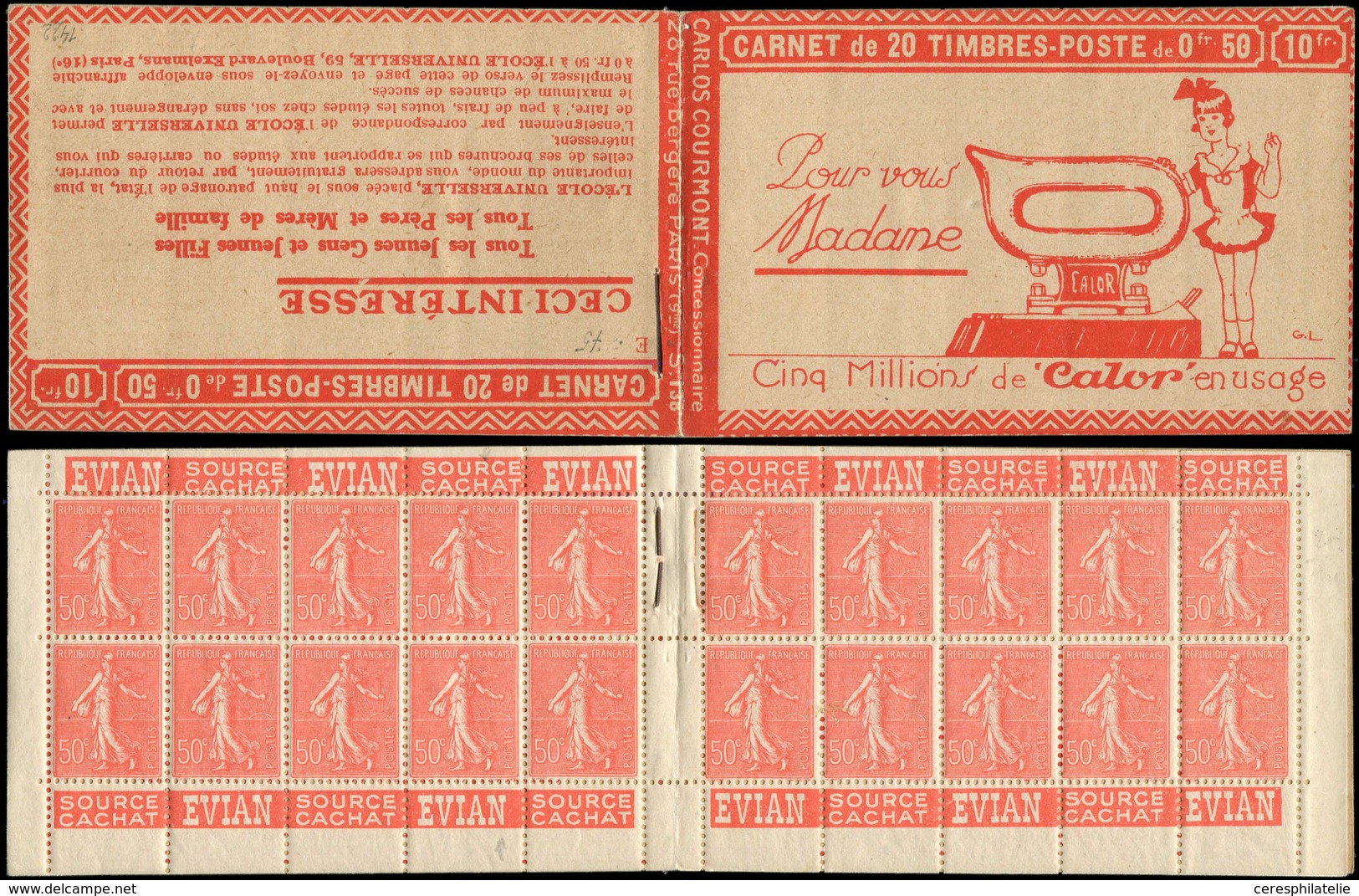 CARNETS (N°Cérès Jusqu'en1964) - 75   Semeuse Lignée, 50c. Rouge, N°199A, T I, S. 138-E, Couv. CALOR (rouge), Superbe, R - Autres & Non Classés