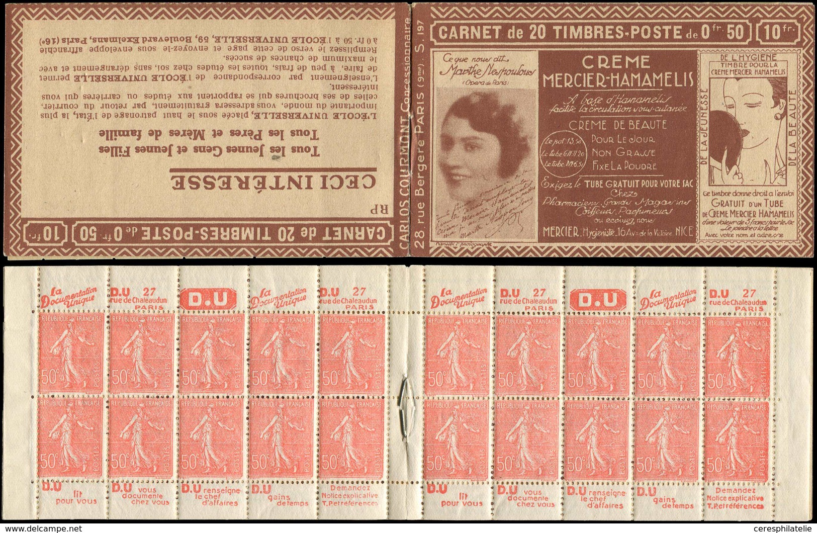 CARNETS (N°Cérès Jusqu'en1964) - 95   Semeuse Lignée, 50c. Rouge, N°199B, T IIB, S. 197 RP, MERCIER-HAMAMELIS, TB - Otros & Sin Clasificación