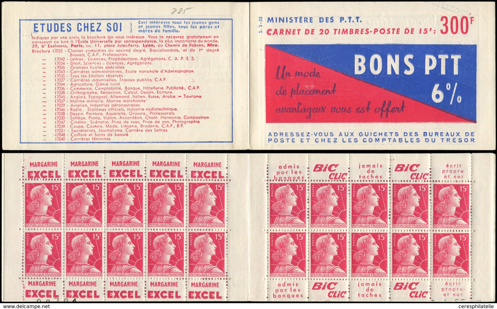 CARNETS (N°Cérès Jusqu'en1964) - 285  Muller, 15f. Rose, N°1011, S. 2-55, BONS PTT 6 %, TB - Autres & Non Classés