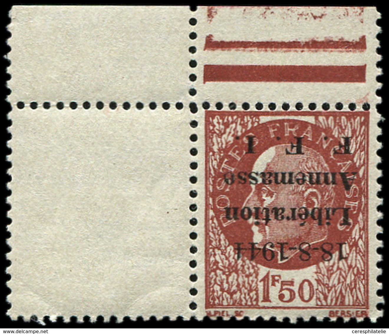 ** TIMBRES DE LIBERATION - ANNEMASSE 25a : 1f50 Brun-rouge, Chiffres MAIGRES, Surcharge RENVERSEE, Cdf, TTB - Befreiung