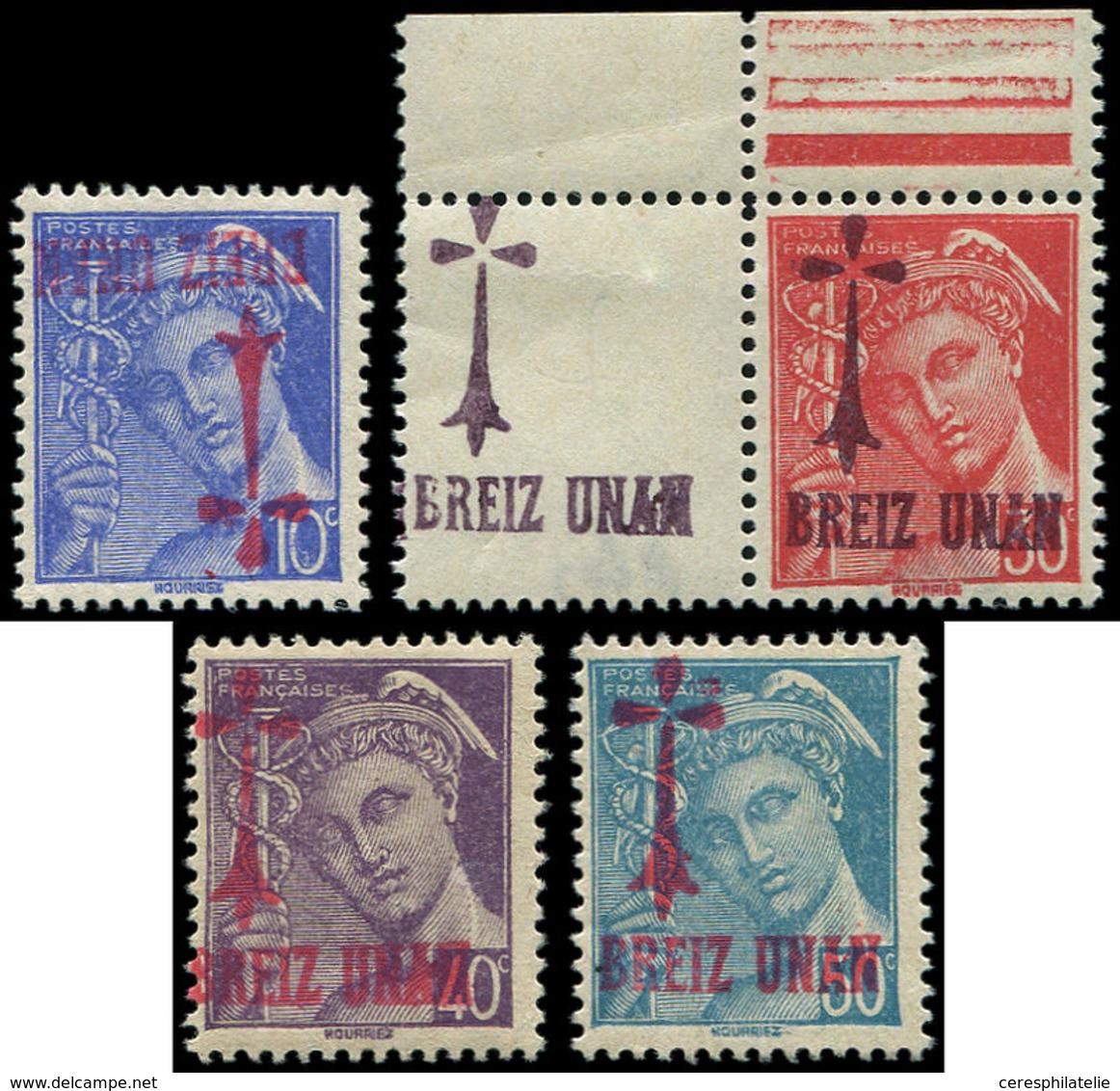 ** TIMBRES DE LIBERATION - BRETAGNE BREIZ UNAN 1/4 : Mercure, N°4 Défx, Les Autres TB, Signés Mayer - Befreiung