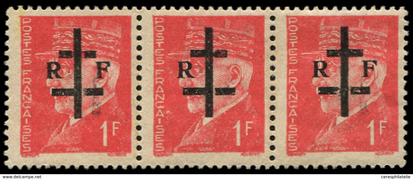 ** TIMBRES DE LIBERATION - LILLE 10 : 1f. Rouge, BANDE De 3, Un Ex. SANS Le F, TB, Signé Mayer - Liberazione