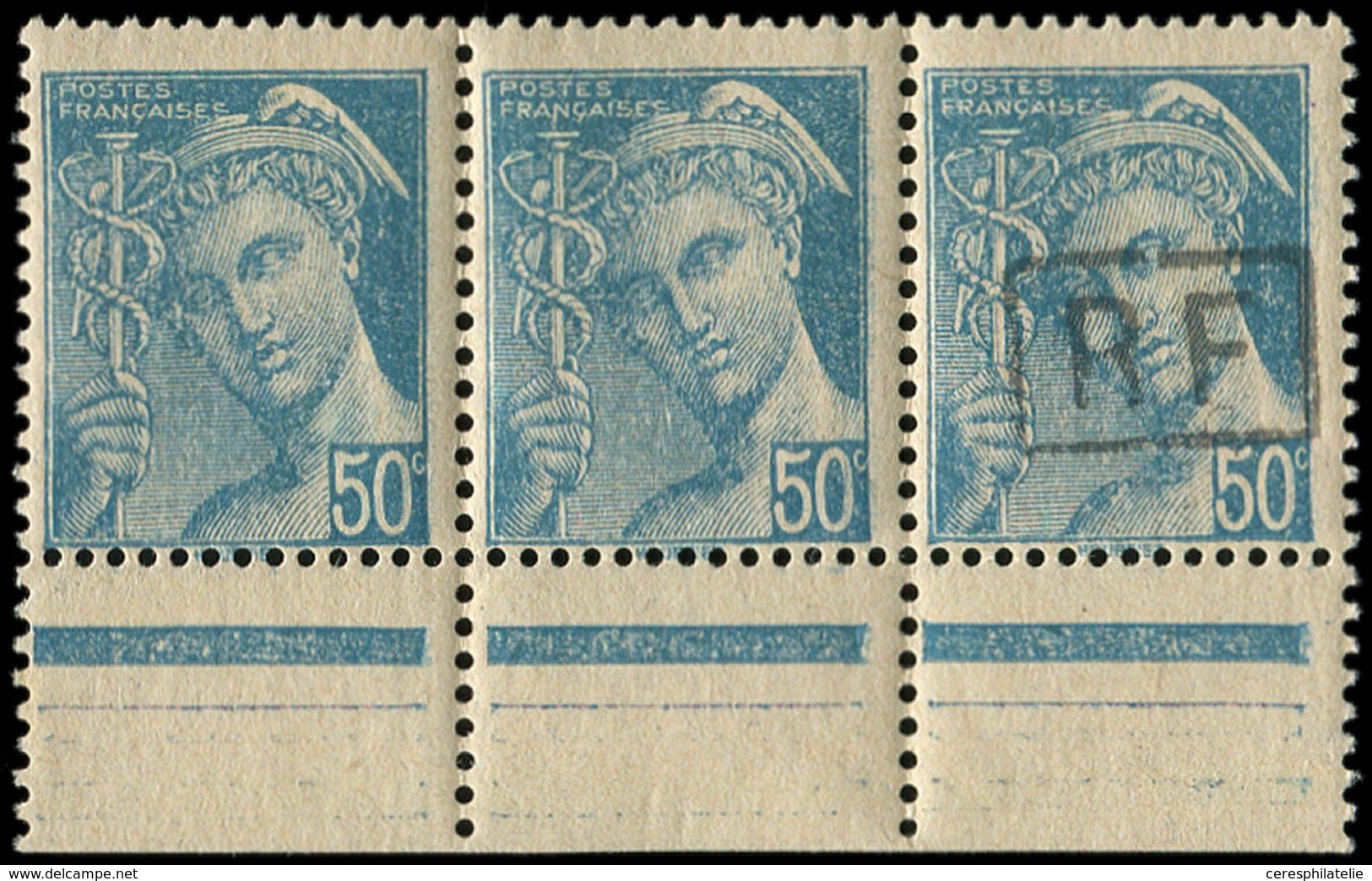 ** TIMBRES DE LIBERATION - POITIERS 34 : 50c. Turquoise, T III, NON EMIS, BANDE De 3 Bdf, 2 Ex. Sans Surcharge, TB. J - Liberazione