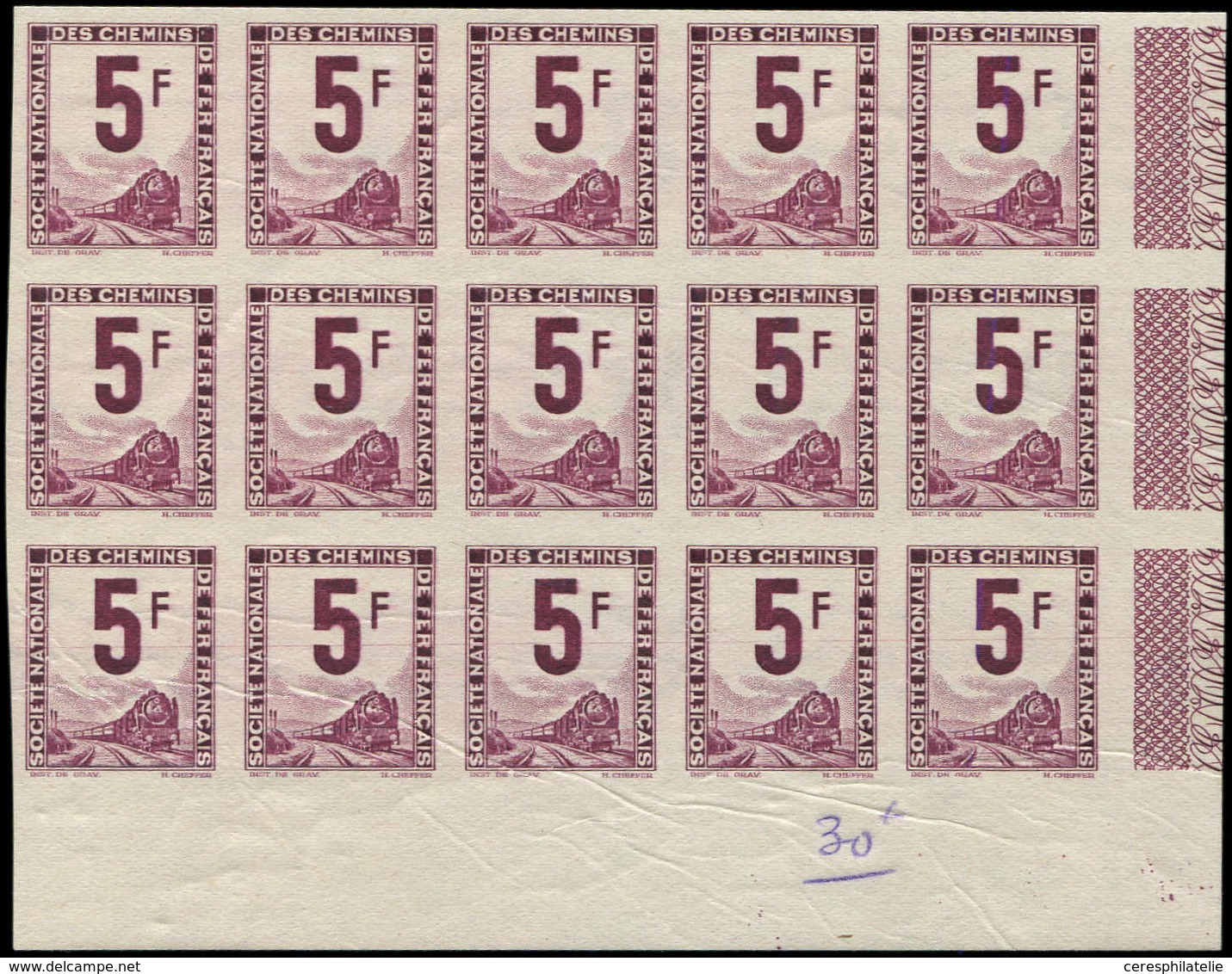 ** COLIS POSTAUX  (N° Et Cote Maury) - Timbres Pour Petits Colis 34 : 5f., Essai En Violet, BLOC De 15 Cdf NON DENTELE,  - Nuovi