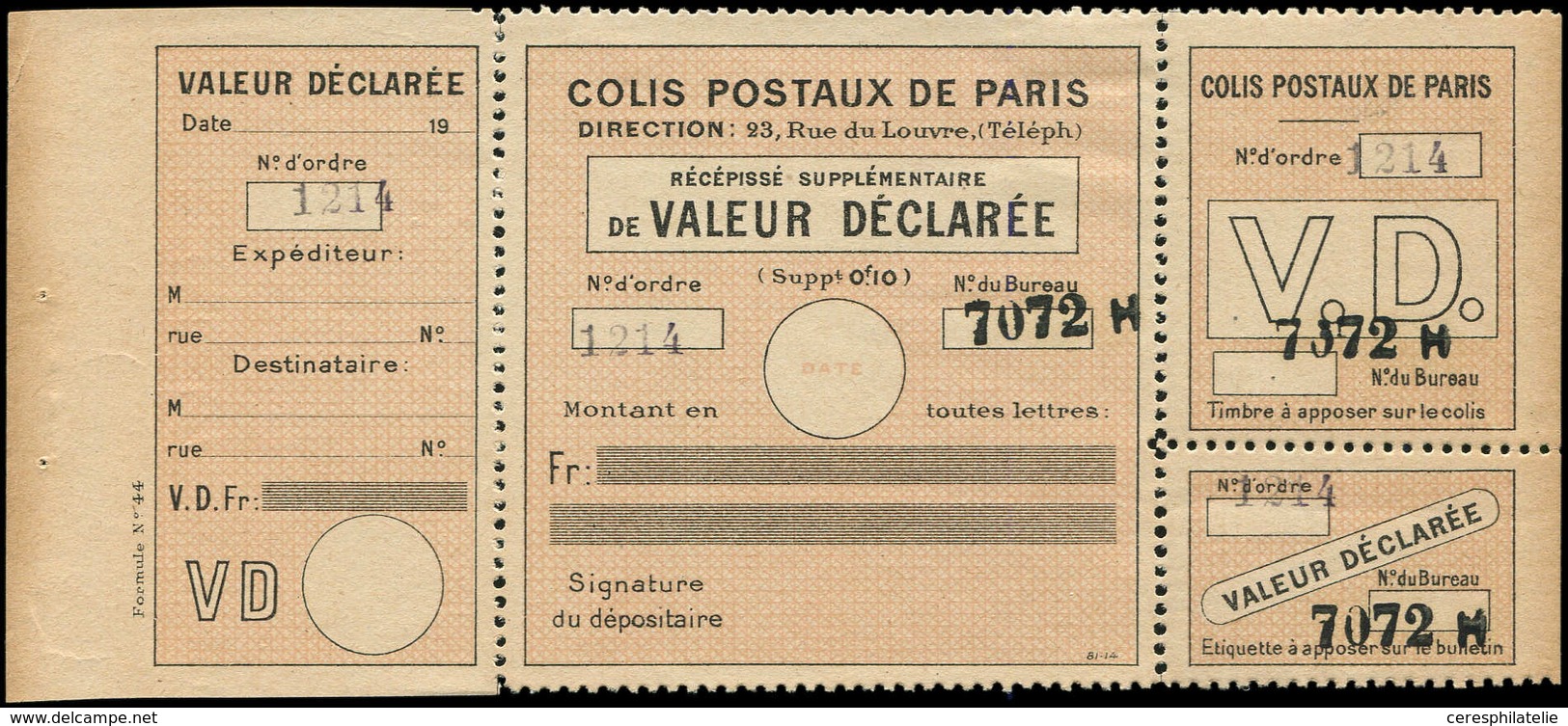 ** COLIS POSTAUX DE PARIS  (N° Et Cote Maury) - Colis Postaux De Paris 33 : 10c. Noir Sur Orange, Valeur Déclarée, TB - Autres & Non Classés