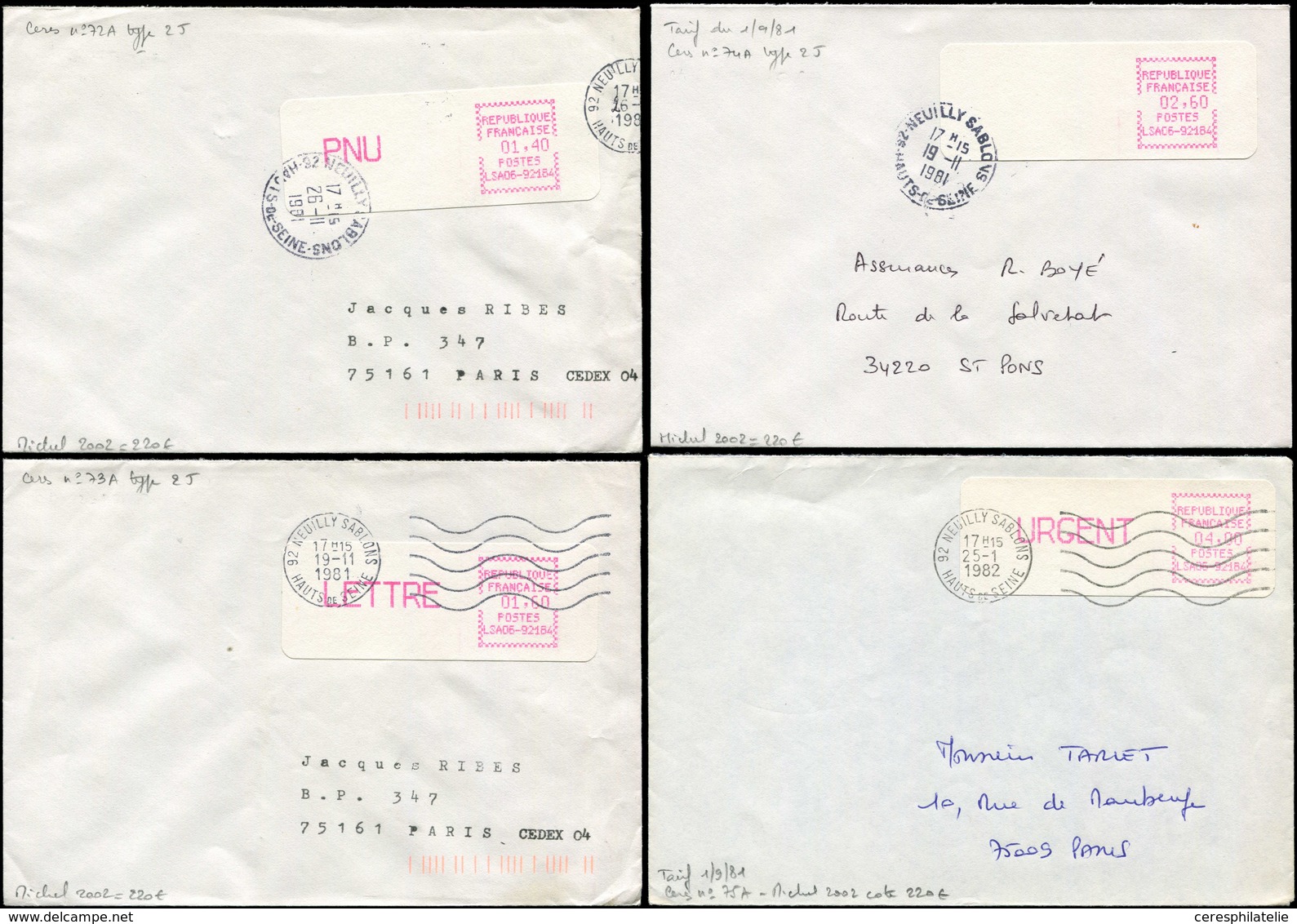 Let Spécialités Diverses - L.S.A. 72A/75A : LSA06-92184, Tarif Du 1/9/81, Type 2J, Obl. NEUILLY-SABLONS Sur 4 Env., TB,  - Autres & Non Classés