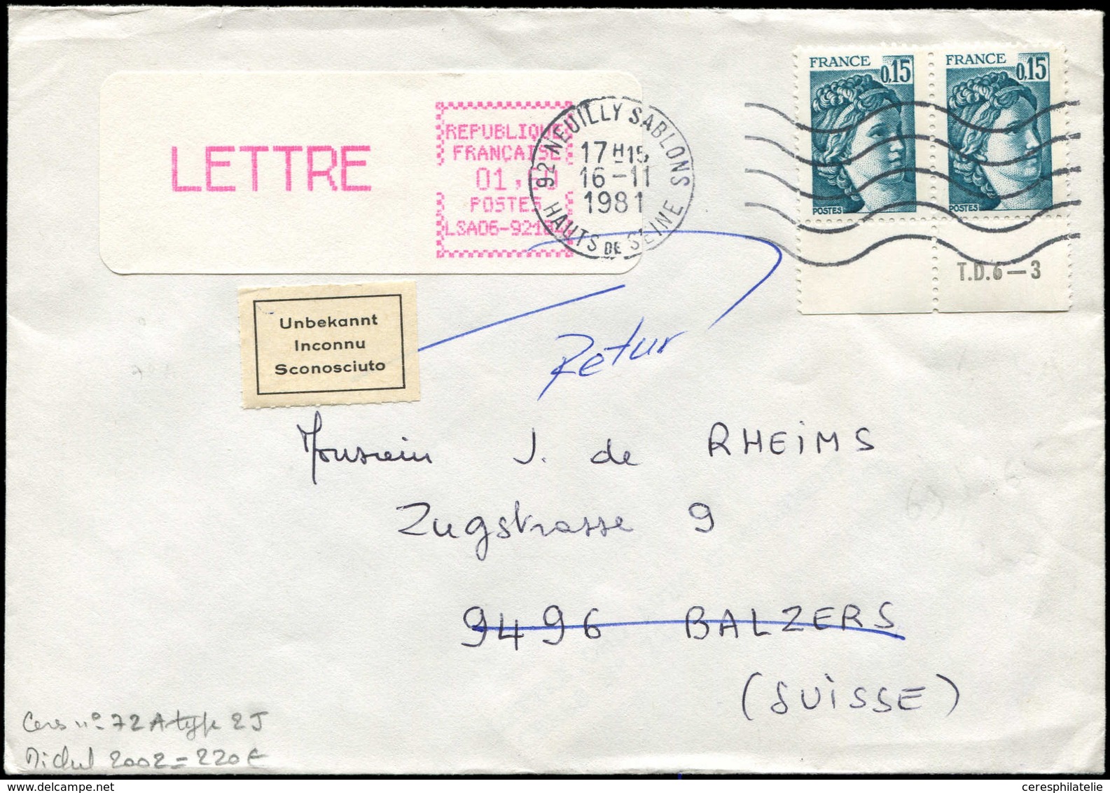 Let Spécialités Diverses - L.S.A. 72A : LSA06-92184, 1,60 Lettre Et N°1966 PAIRE Bdf Obl. NEUILLY-SABLONS 16/11/81 S. En - Altri & Non Classificati