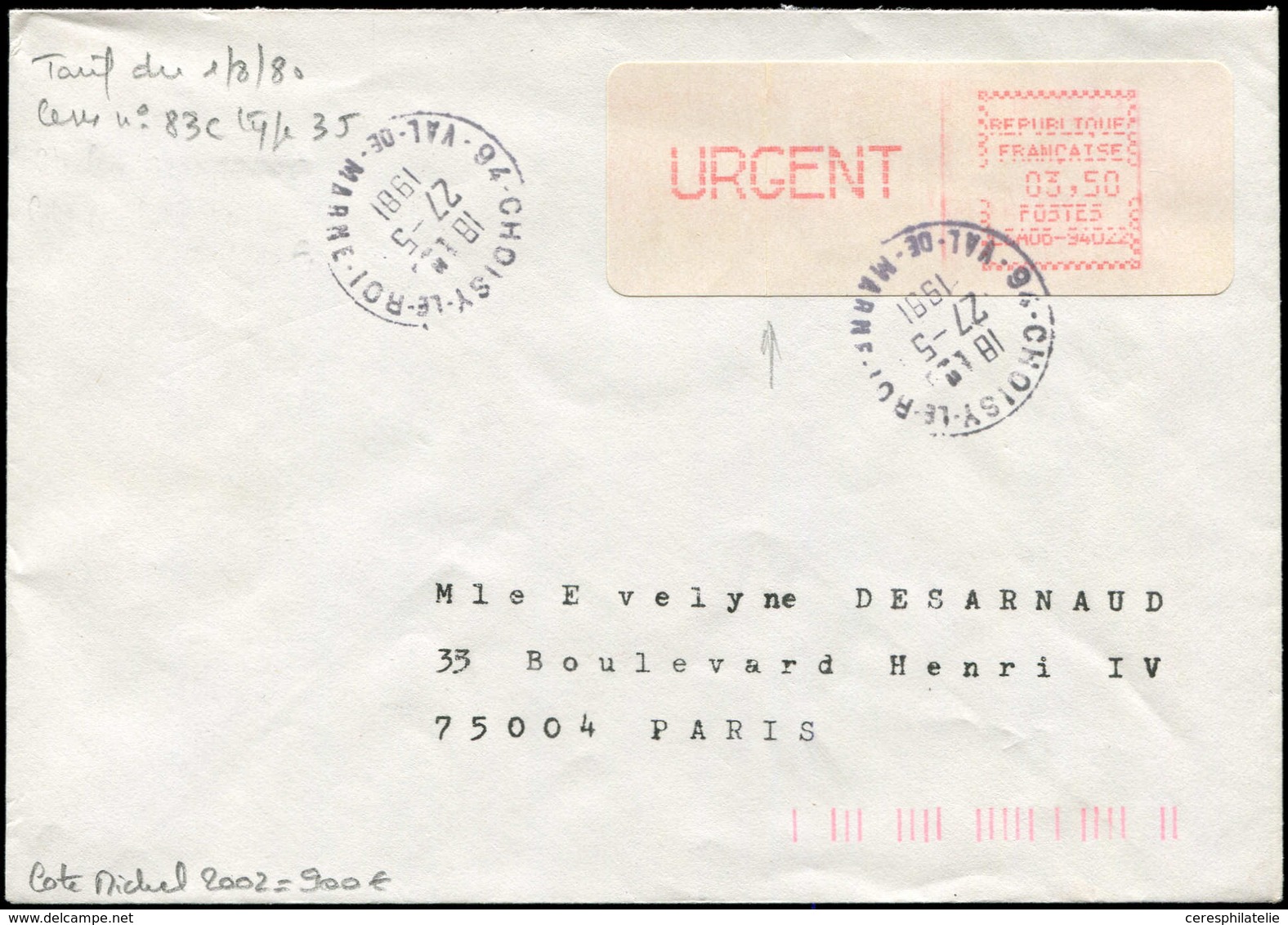 Let Spécialités Diverses - L.S.A. 83C : LSA06-94022, 3,50 URGENT, Type 3J, Obl. CHOISY-LE-ROI 27/5/81 Sur Env., TB, Cote - Autres & Non Classés