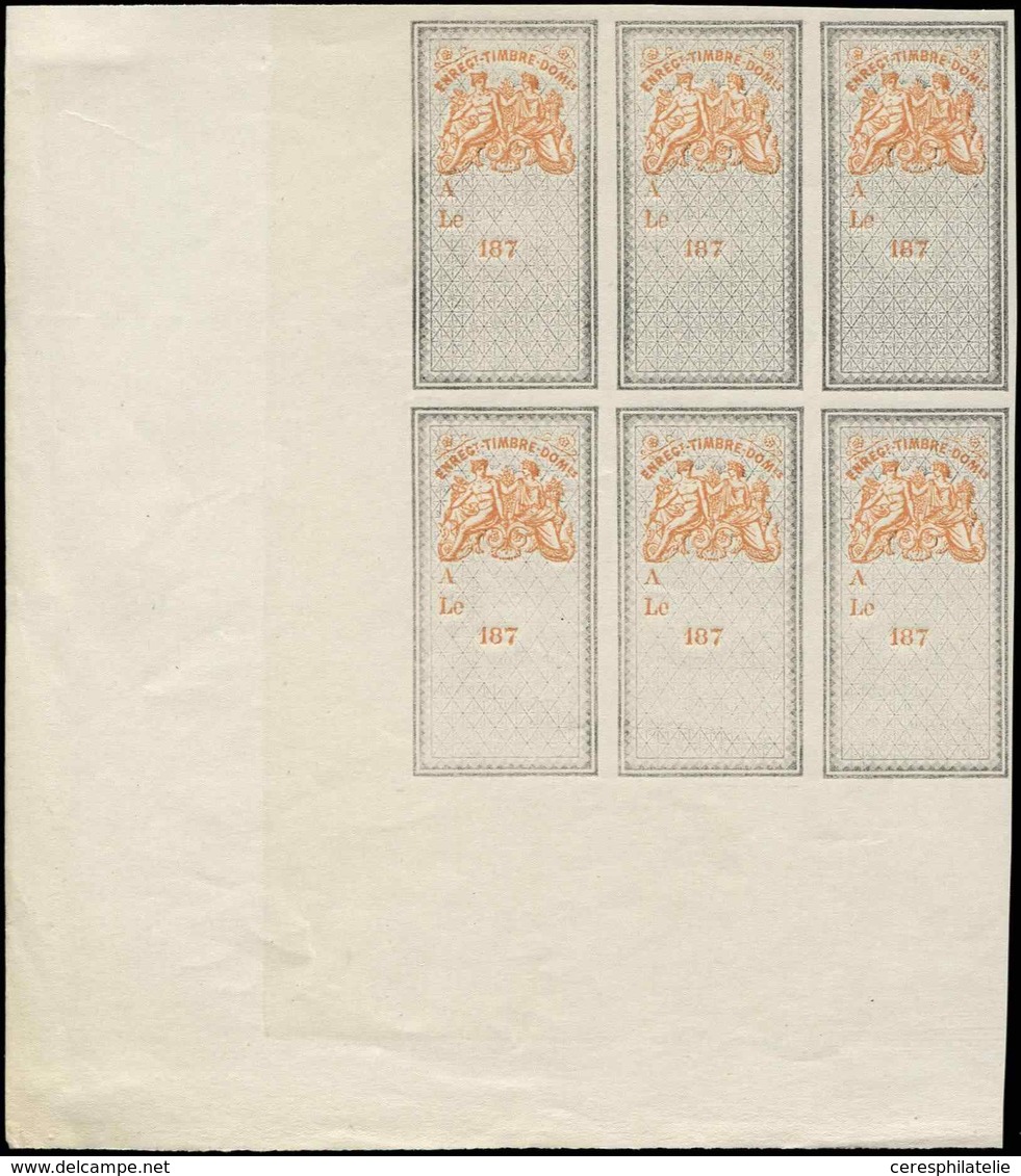 (*) Spécialités Diverses - TIMBRES FISCAUX Type D'Oudiné De 1874, Sans Valeur Faciale, BLOC De 6 Fond Bleu, Allégorie Et - Other & Unclassified