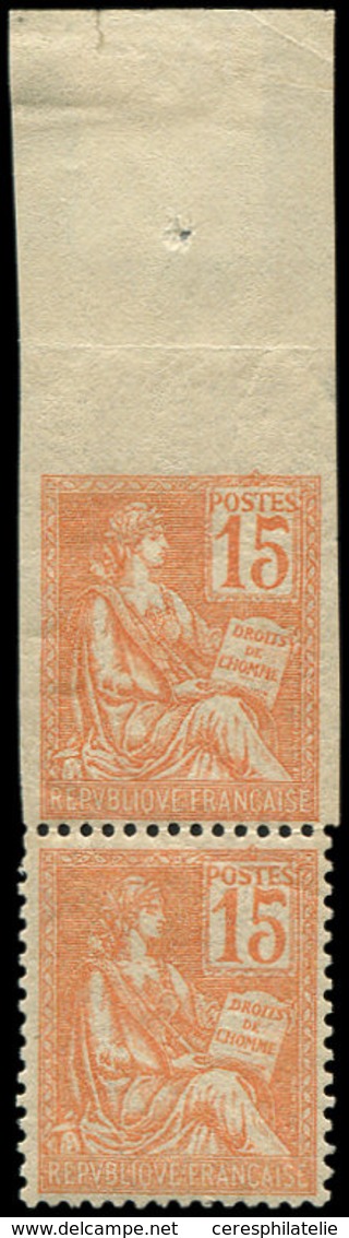 * VARIETES - 117d  Mouchon, 15c. Orange, NON DENTELE Bdf Tenant à Dentelé **, TB - Nuovi