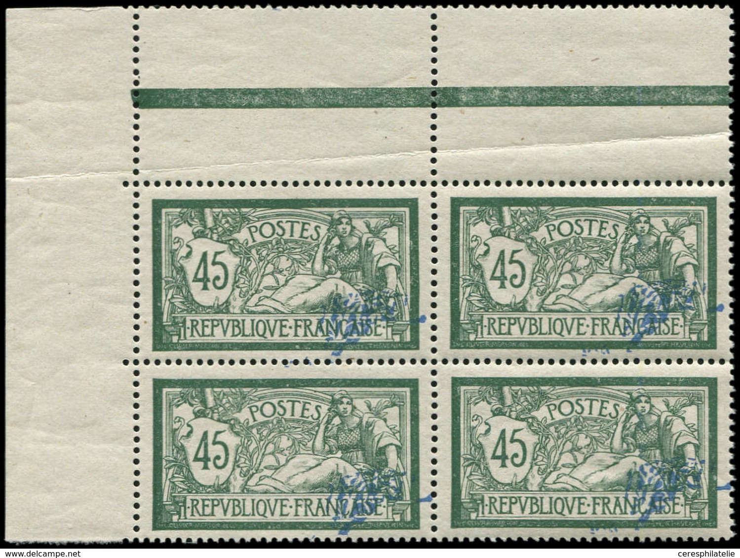 ** VARIETES - 143c  Merson, 45c. Vert Et Bleu, Teinte De Fond TRES DEPLACEE, BLOC De 4 Cdf, Superbe - Nuovi