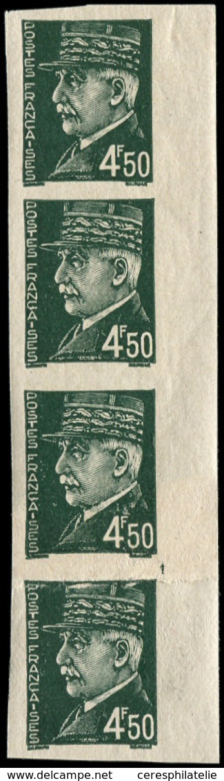 ** VARIETES - 521B  Pétain,  4f.50 Vert, BANDE De 4 NON DENTELEE Avec Impression S. RACCORD, TB - Nuovi