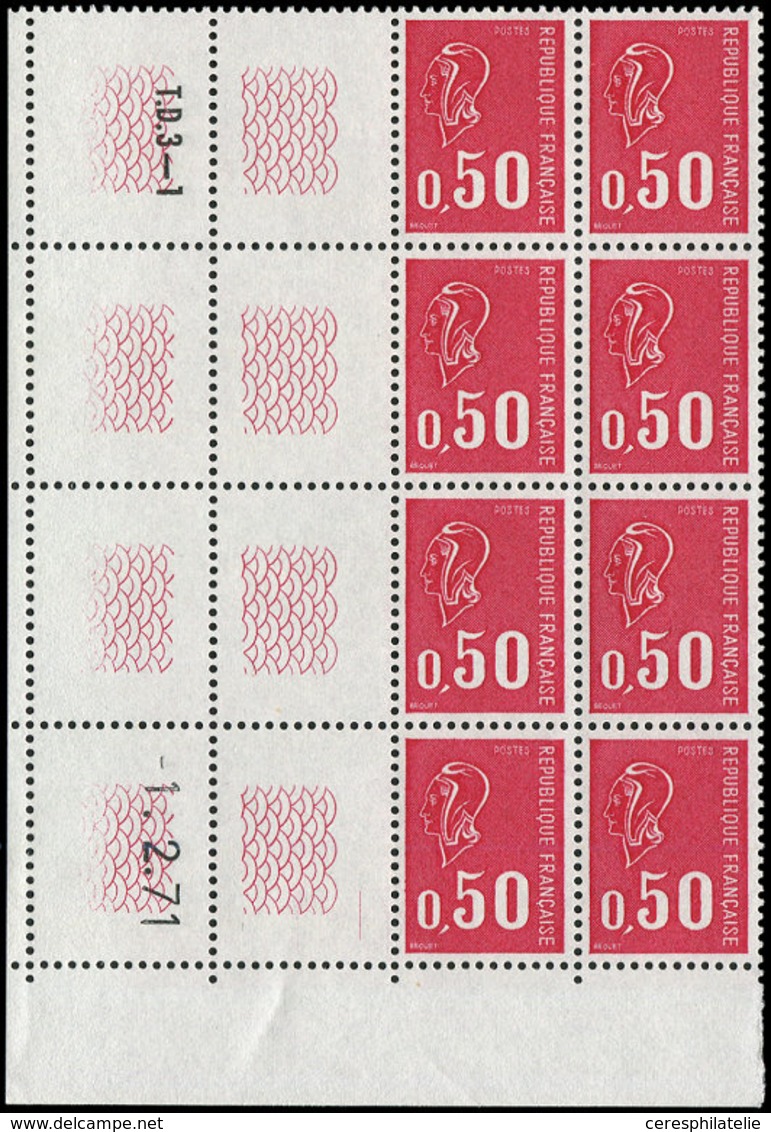 ** VARIETES - 1664   Béquet, 0,50 Carmin-rose, BLOC De 8 TD3-1 CD 1/2/71, Marges Guillochis, 2 Charnières Sur Bdf, TB - Nuovi