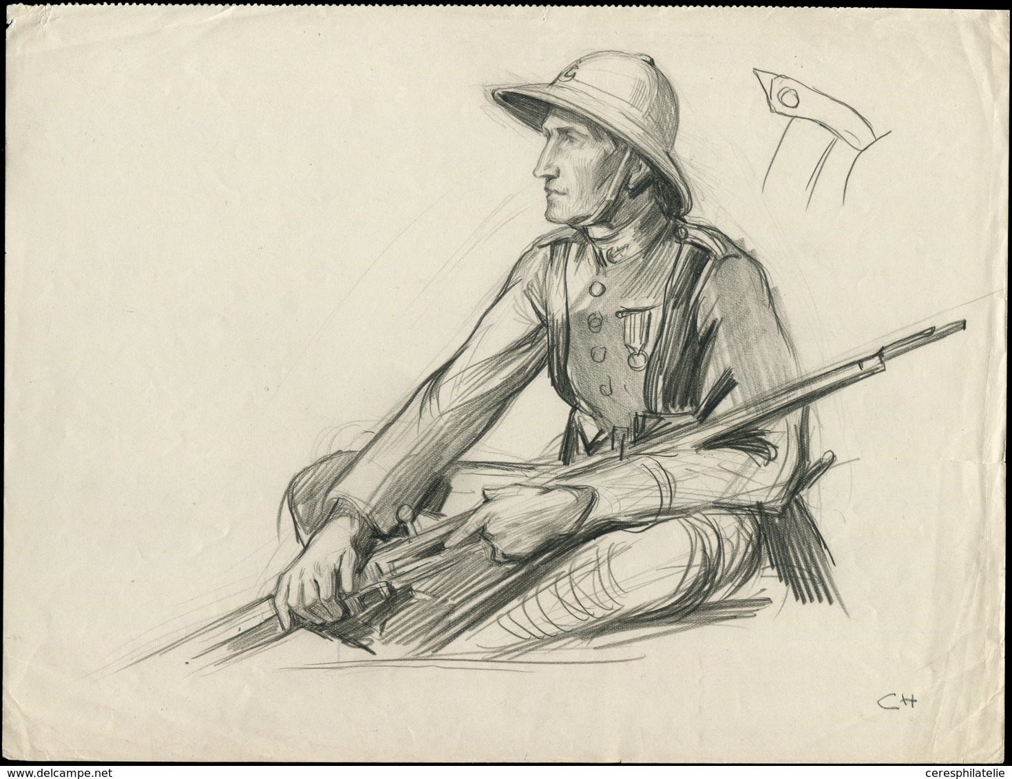 Collection Henri Cheffer - 452   Pour Nos Soldats, 1f. + 50c., Esquisse Préparatoire Du Soldat Au Crayon (279mm X 210 Mm - Non Classificati