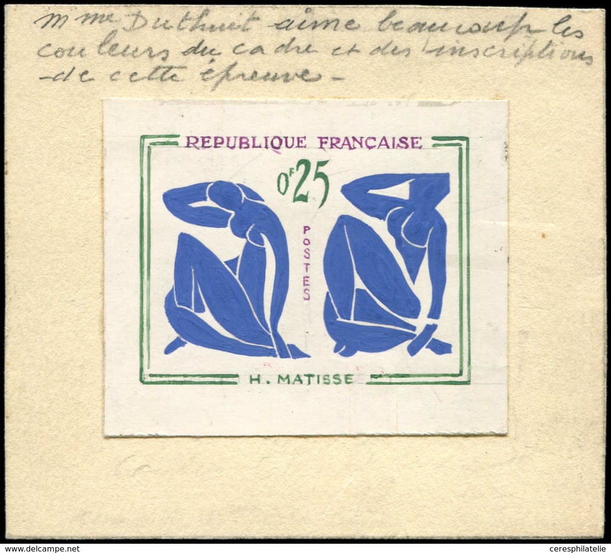 EPREUVES D'ARTISTES ET D'ATELIER - 1320   H. Matisse, Type NON ADOPTE, épreuve Collée Sur Carton Avec Mention, TB, R - Prove D'artista