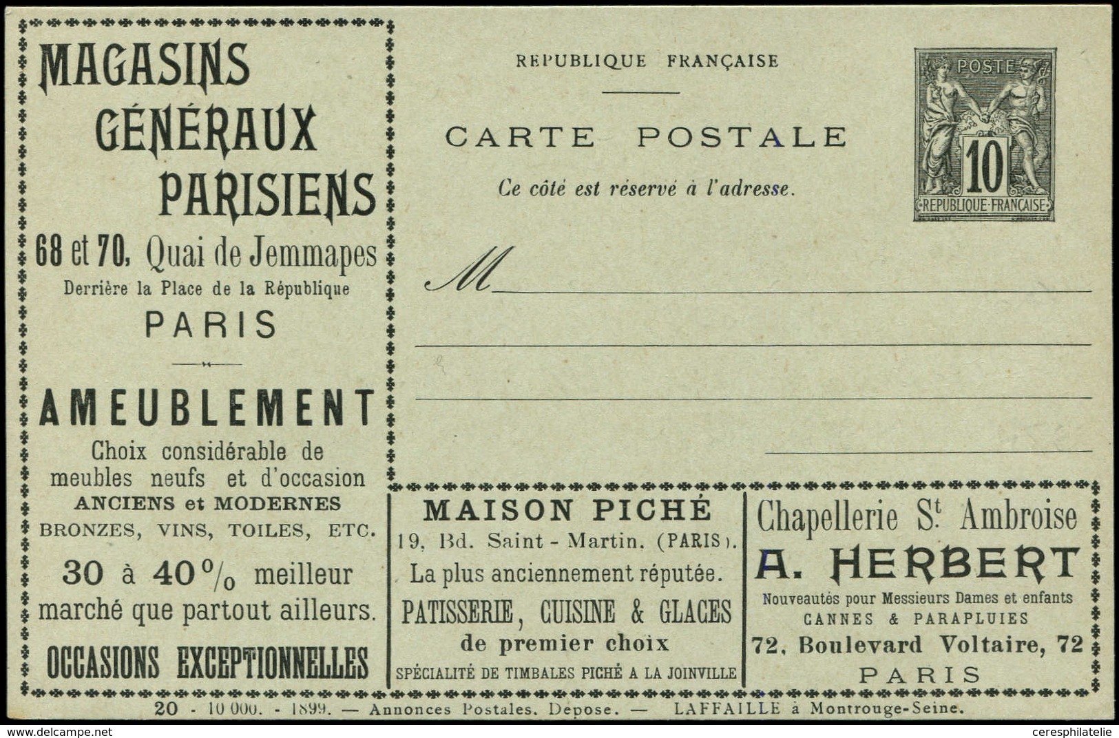 Let ENTIERS POSTAUX - Sage, 10c. Noir, CP TSC N°G35g11, Lafaille, S. 20, Superbe - Altri & Non Classificati