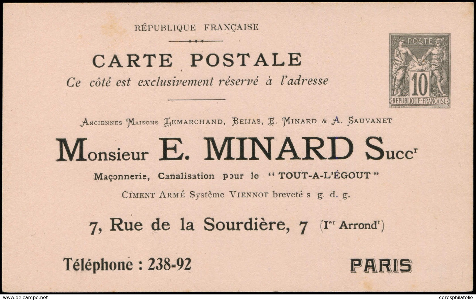 Let ENTIERS POSTAUX - Sage, 10c. Noir, CP TSC N°G36b, MINARD Paris, Carton Rose, Superbe - Altri & Non Classificati