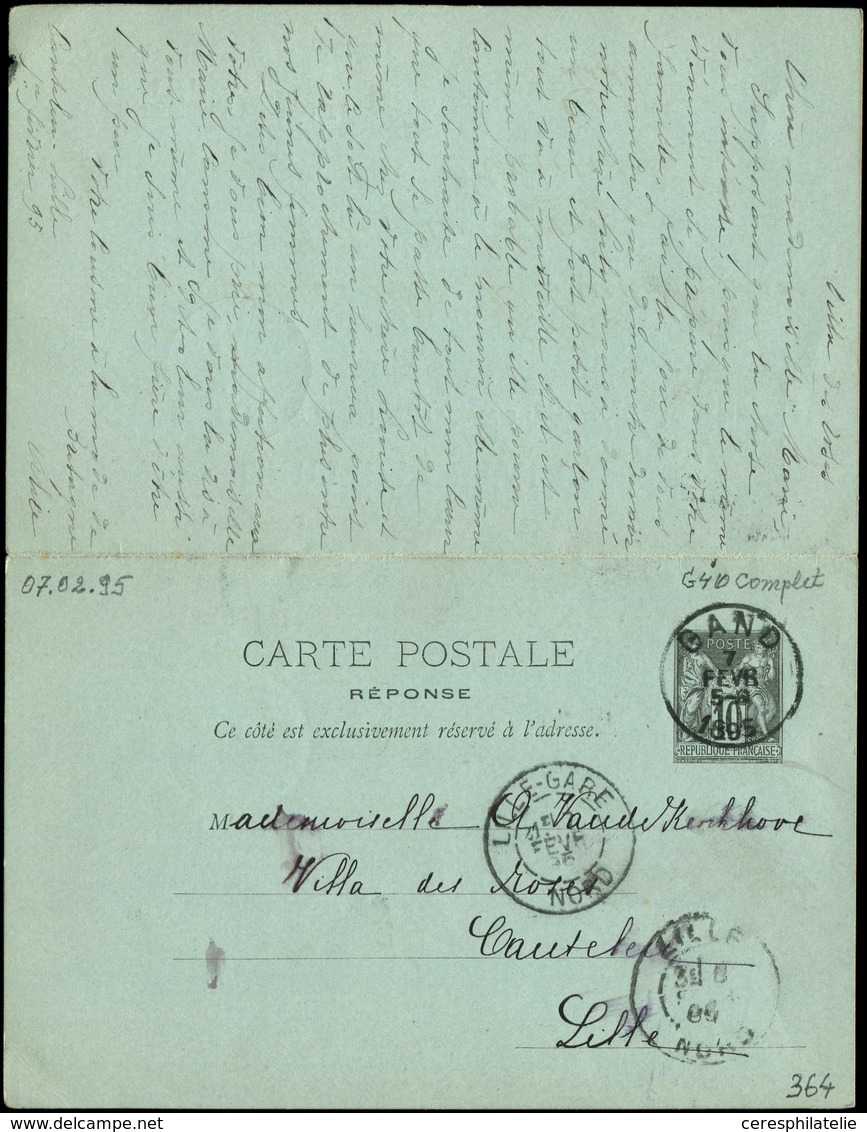 Let ENTIERS POSTAUX - Sage, 10c. Noir, CPRP N°G40 Obl. LILLE 1/2/95, Réponse Obl. GAND 7/2, TB - Sonstige & Ohne Zuordnung