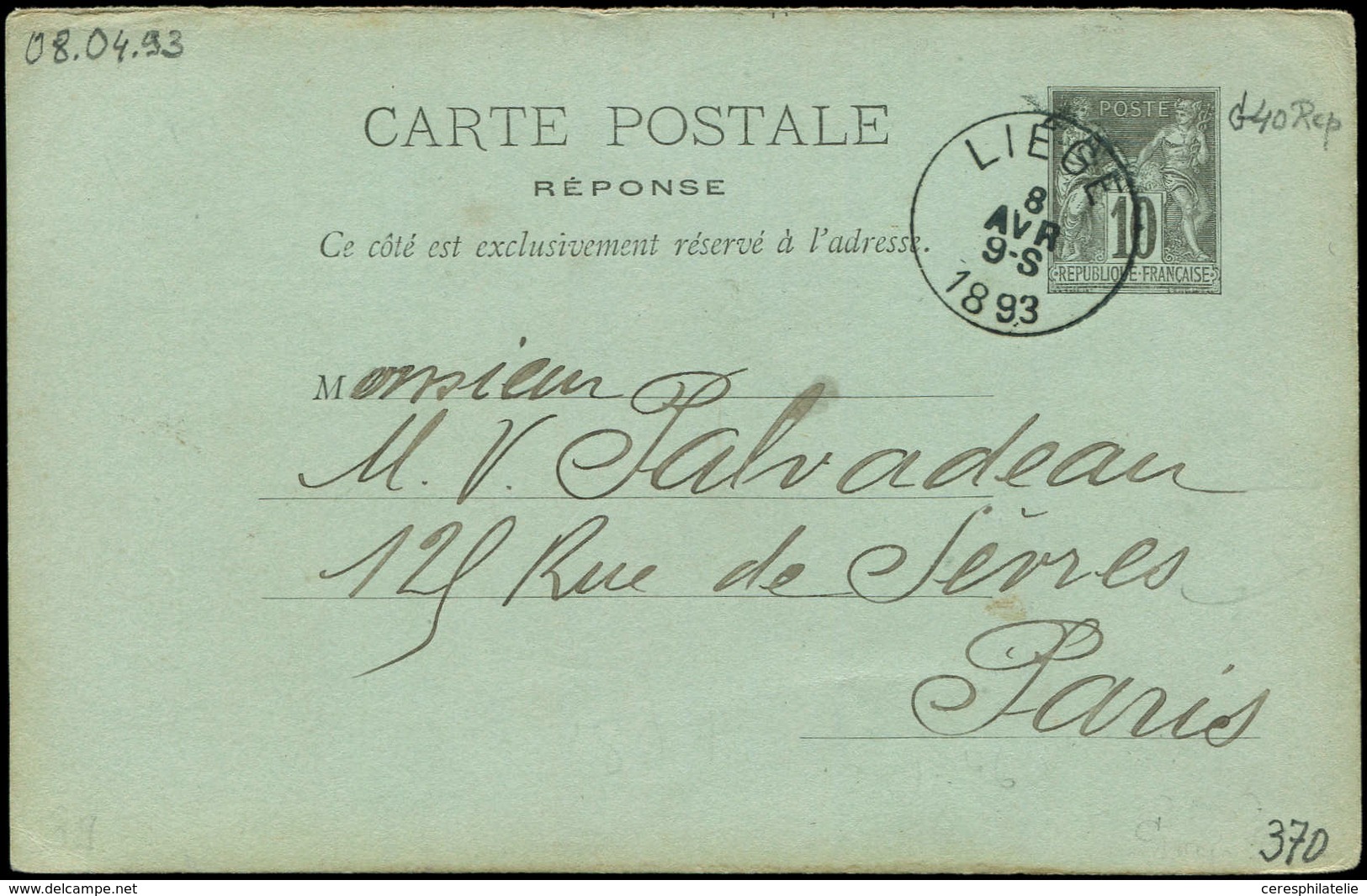 Let ENTIERS POSTAUX - Sage, 10c. Noir, CP Réponse N°G40 Obl. LIEGE 8/4/93 Pour Paris, TTB - Sonstige & Ohne Zuordnung