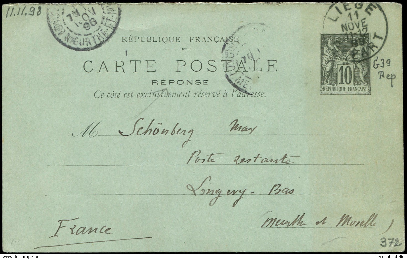 Let ENTIERS POSTAUX - Sage, 10c. Noir, CP Réponse N°G41 Obl. LIEGE 11/11/98 Pour Longwy, TB - Altri & Non Classificati