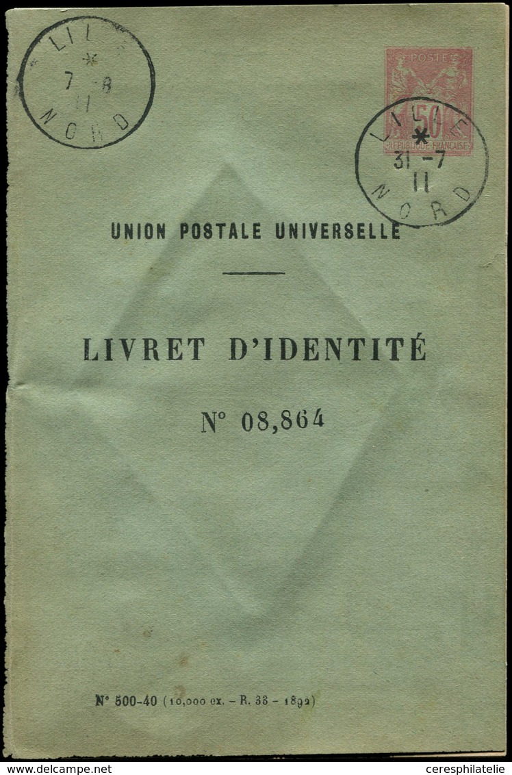 Let ENTIERS POSTAUX - Sage, 50c. Rose, Livret D'Identité Postale N°N6, 36 Pages, Obl. Càd LILLE 31/7/11, R Et TTB - Altri & Non Classificati