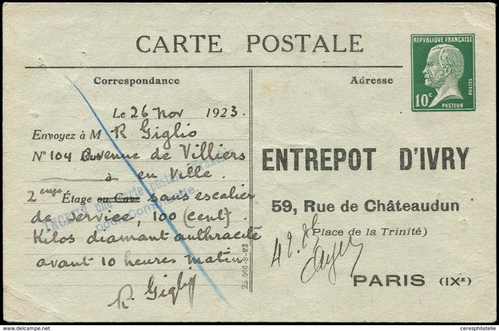 Let ENTIERS POSTAUX - Pasteur, 10c. Vert, CP TSC N°A1, Entrepôt D'Ivry, Dessin De Daumier, TB, R - Altri & Non Classificati