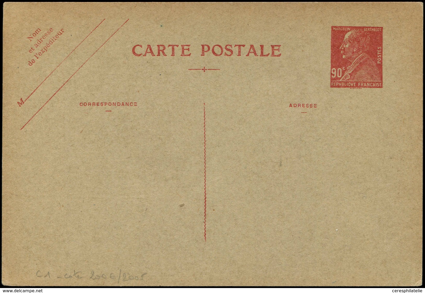 Let ENTIERS POSTAUX - Commémoratifs, 90c. Rouge, Berthelot, CP N°C1, TB - Altri & Non Classificati