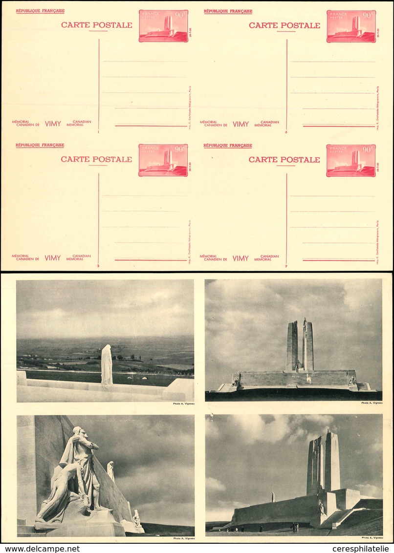 Let ENTIERS POSTAUX - Commémoratifs, 90c. Carmin, Vimy, BLOC De 4 N°J8a, Découpe De Feuille Témoin N°1, 3, 6 Et 9, TB, R - Altri & Non Classificati