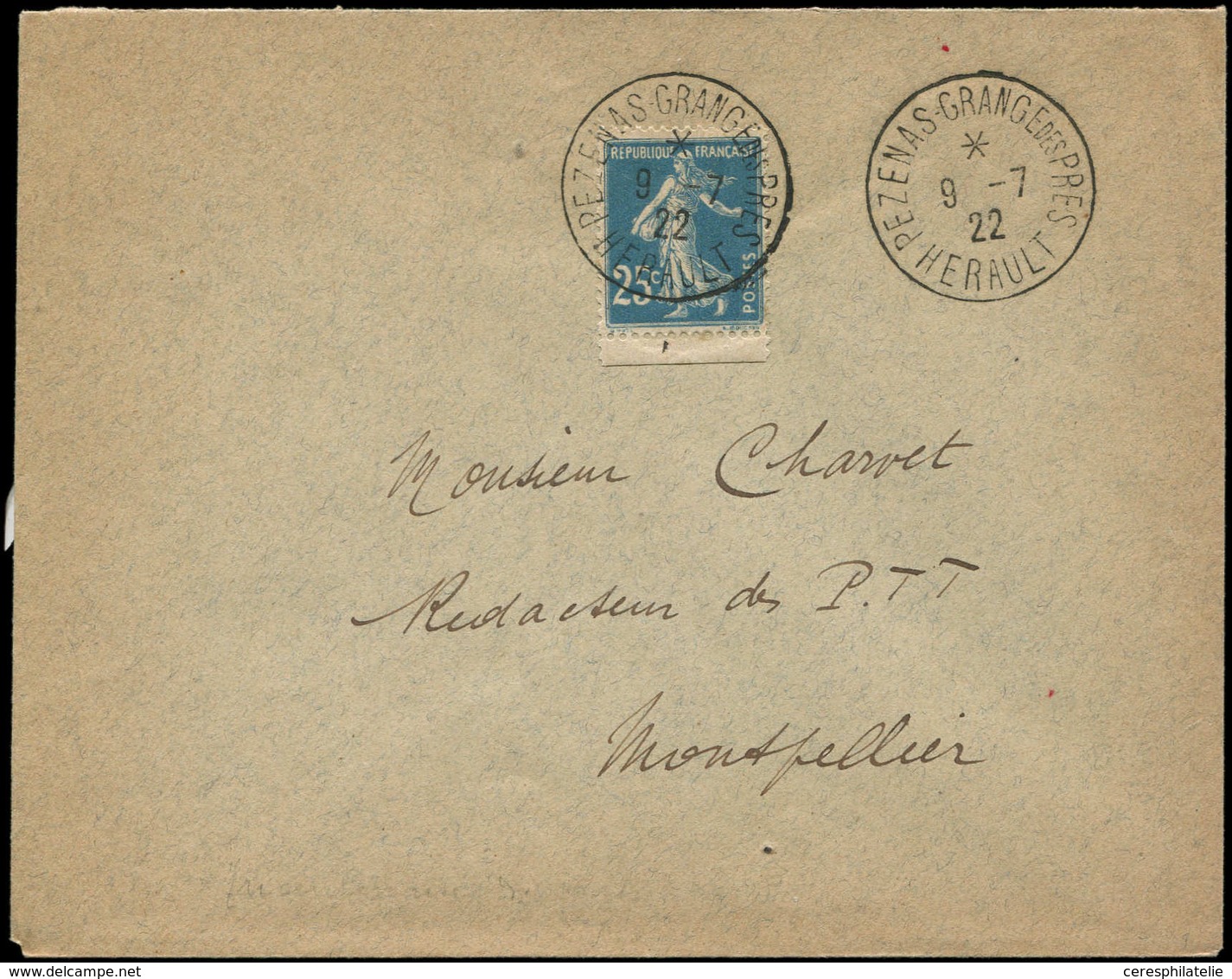 Let LETTRES DU XXe SIECLE - N°140 Obl. Càd PEZENAS-GRANGE Des PRES 9/7/22 Sur Env., Frappe Superbe - Storia Postale