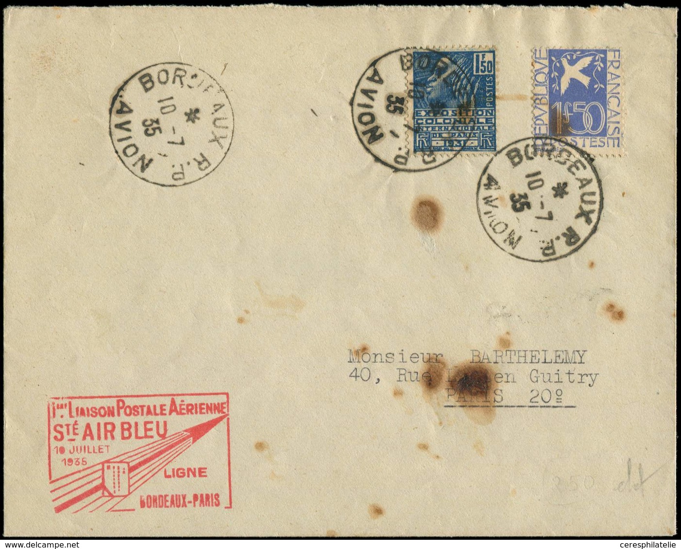 Let LETTRES DU XXe SIECLE - N°273 Et 294 Obl. BORDEAUX R.P. 10/7/35 S. Env., Cachet Air Bleu BORDEAUX-PARIS, Qqs Taches  - Storia Postale