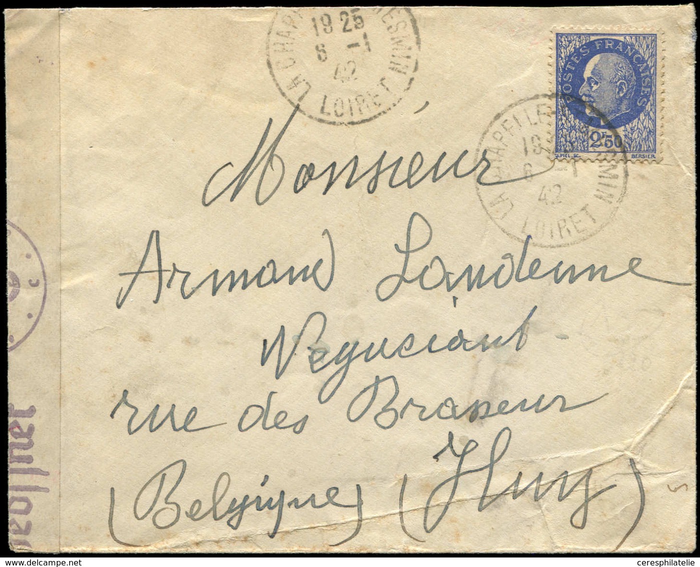 Let LETTRES DU XXe SIECLE - N°520 Obl. 8/1/42 SEUL Sur Env. Pour La BELGIQUE Avec Censure, TB - Storia Postale