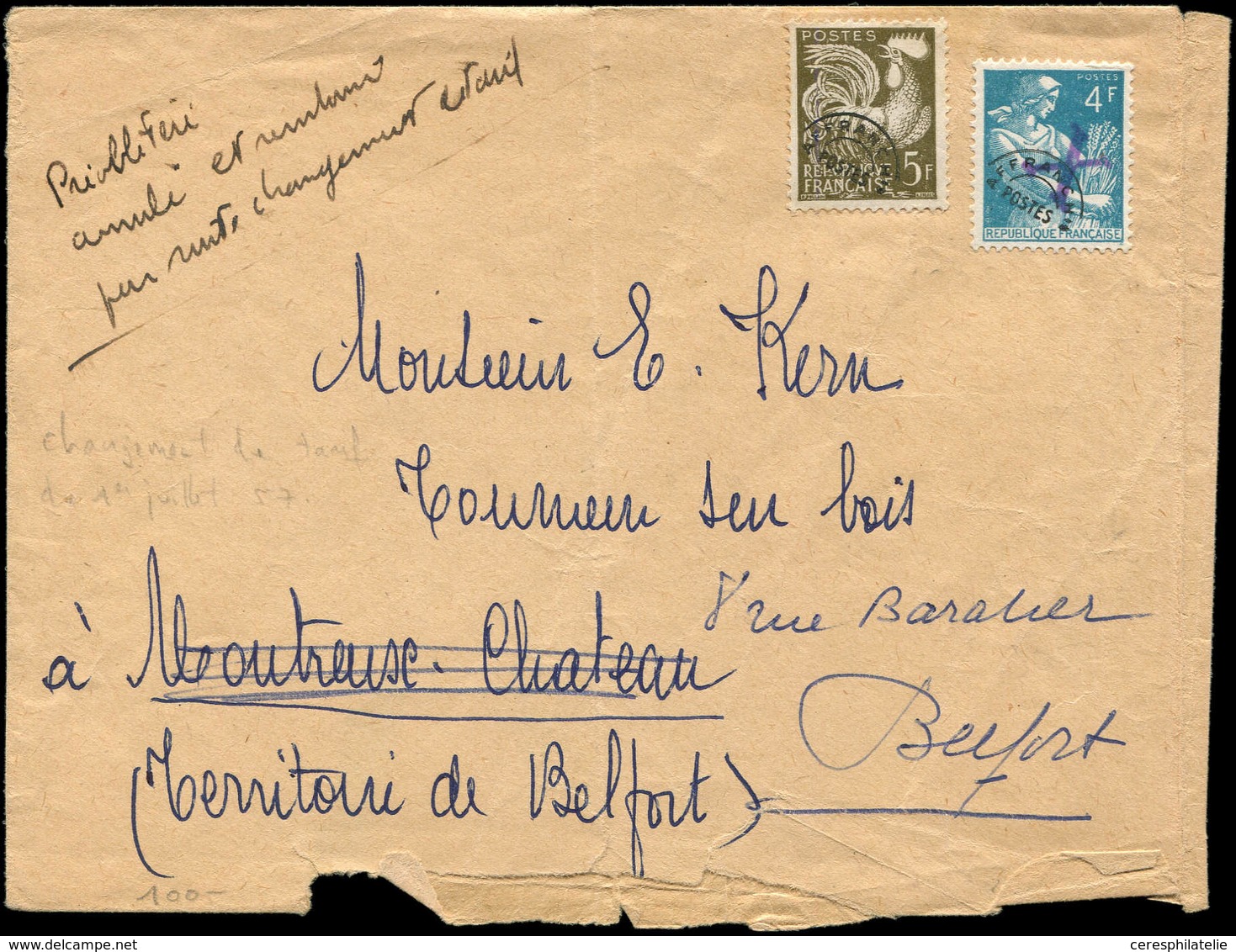 Let LETTRES DU XXe SIECLE - Préo 106 4f. Avec Annulation X En Violet Suite à Changement De Tarif +5f. Sur Env., TB - Storia Postale