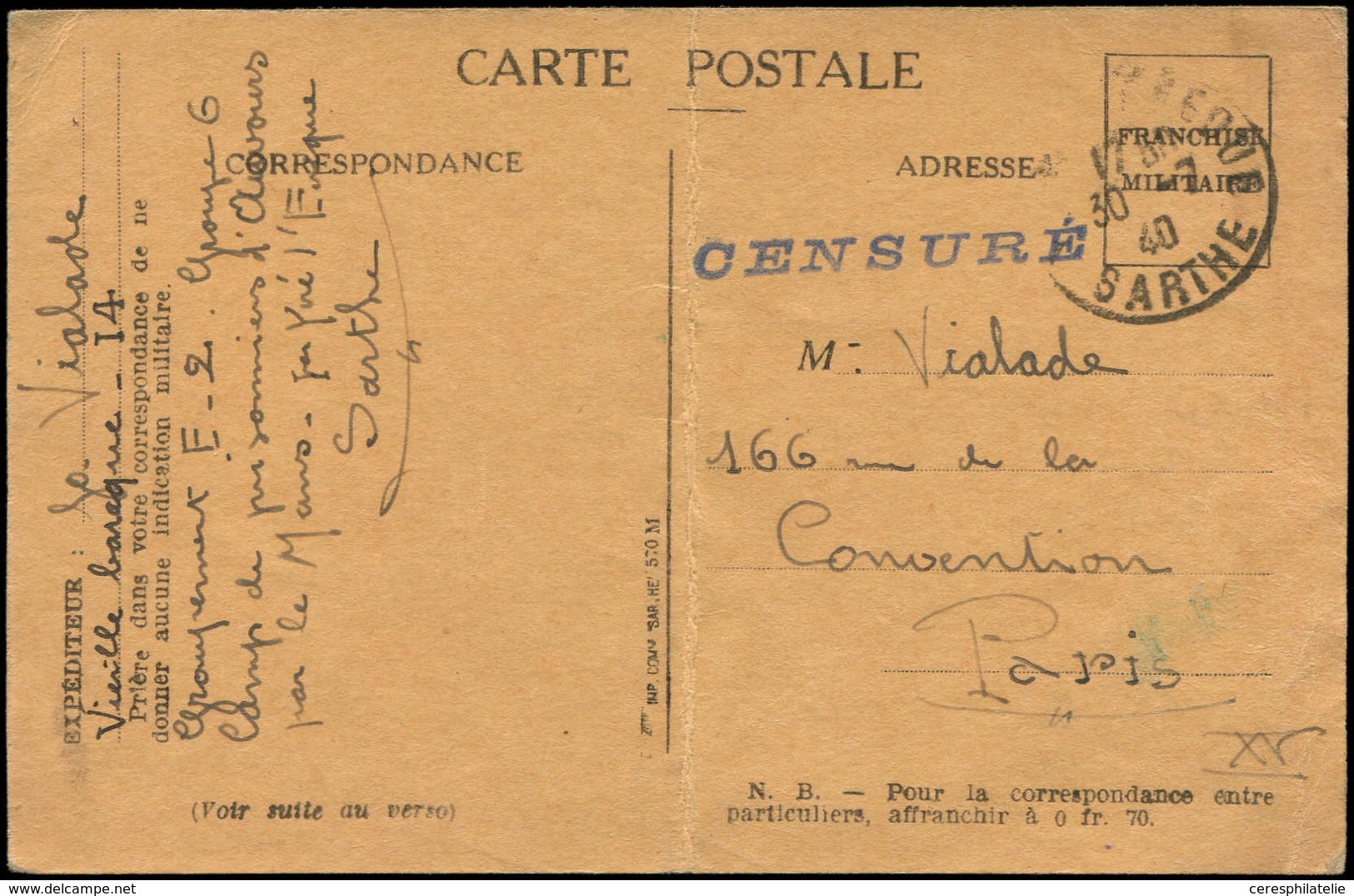 Let Guerre 1939/1945 - Carte FM Du Camp D'Auvours Du 30/7/40 Avec Griffe "CENSURE", B/TB - Guerre De 1939-45