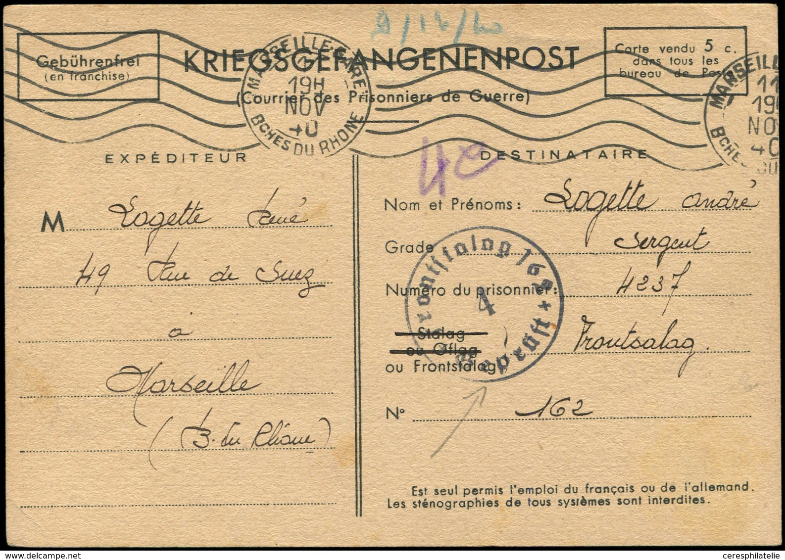 Let Guerre 1939/1945 - Formule Française Kriegsgefangenenpost Vendue 5c. Avec Censure Frontstalag 162/4/Geprüft De Marse - Guerre De 1939-45