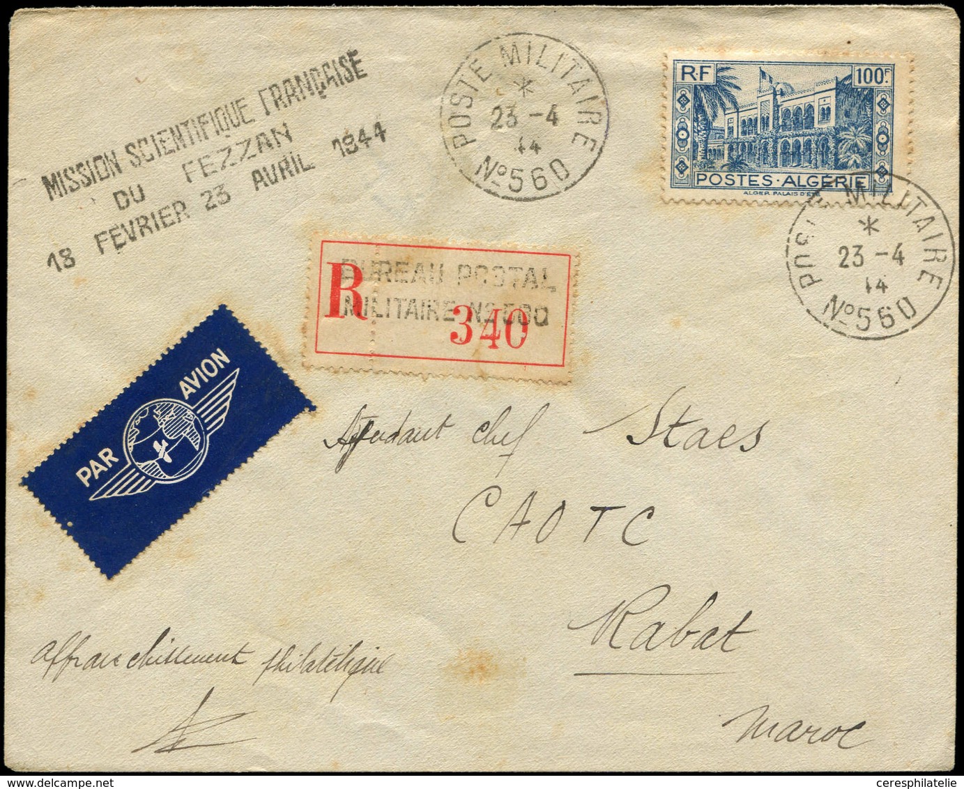 Let Guerre 1939/1945 - Algérie N°203 Obl. POSTE MILITAIRE/N°560 23/4/44 Sur Env. Rec. De Ghadames, Cachet "Mission Scien - Guerre De 1939-45